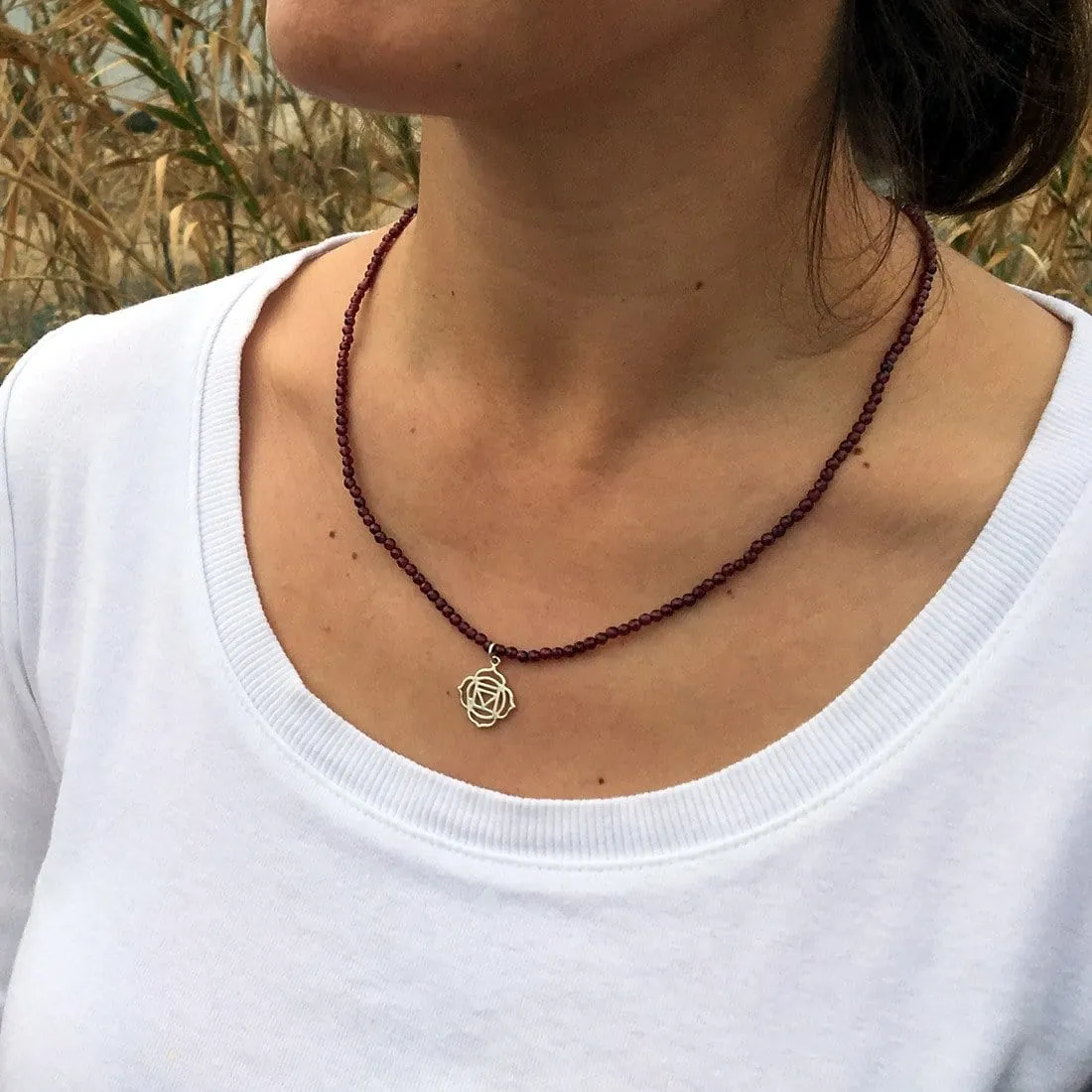 Fine Faceted Garnet and Sterling Silver Root Chakra Pendant Necklace