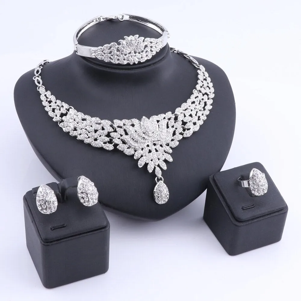 Flower and Crystal Necklace, Bracelet, Earrings & Ring Wedding Statement Jewelry Set