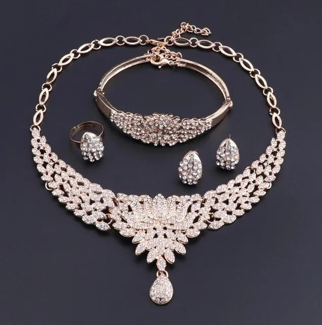 Flower and Crystal Necklace, Bracelet, Earrings & Ring Wedding Statement Jewelry Set