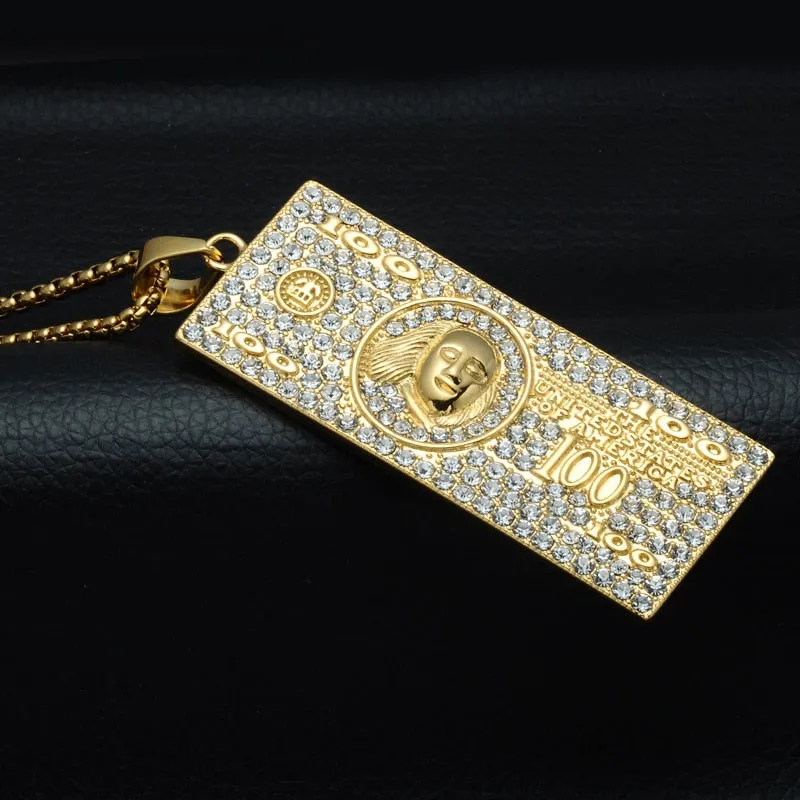 Gemstone-Studded 100 US Dollars Money Bling Stainless Steel Hip-hop Pendant Necklace