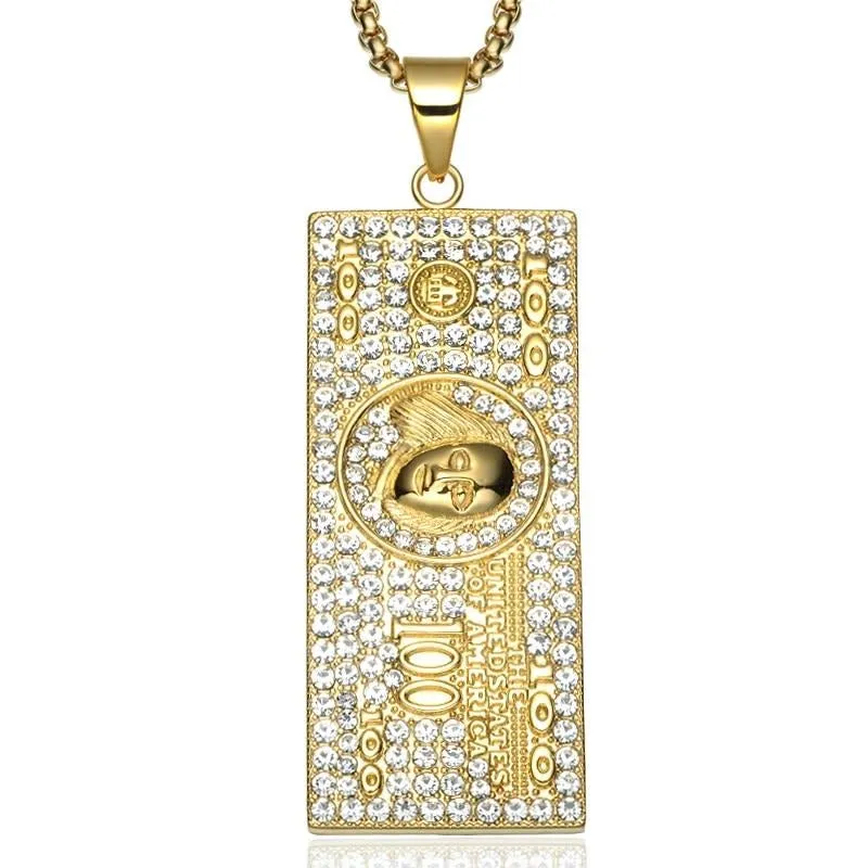 Gemstone-Studded 100 US Dollars Money Bling Stainless Steel Hip-hop Pendant Necklace