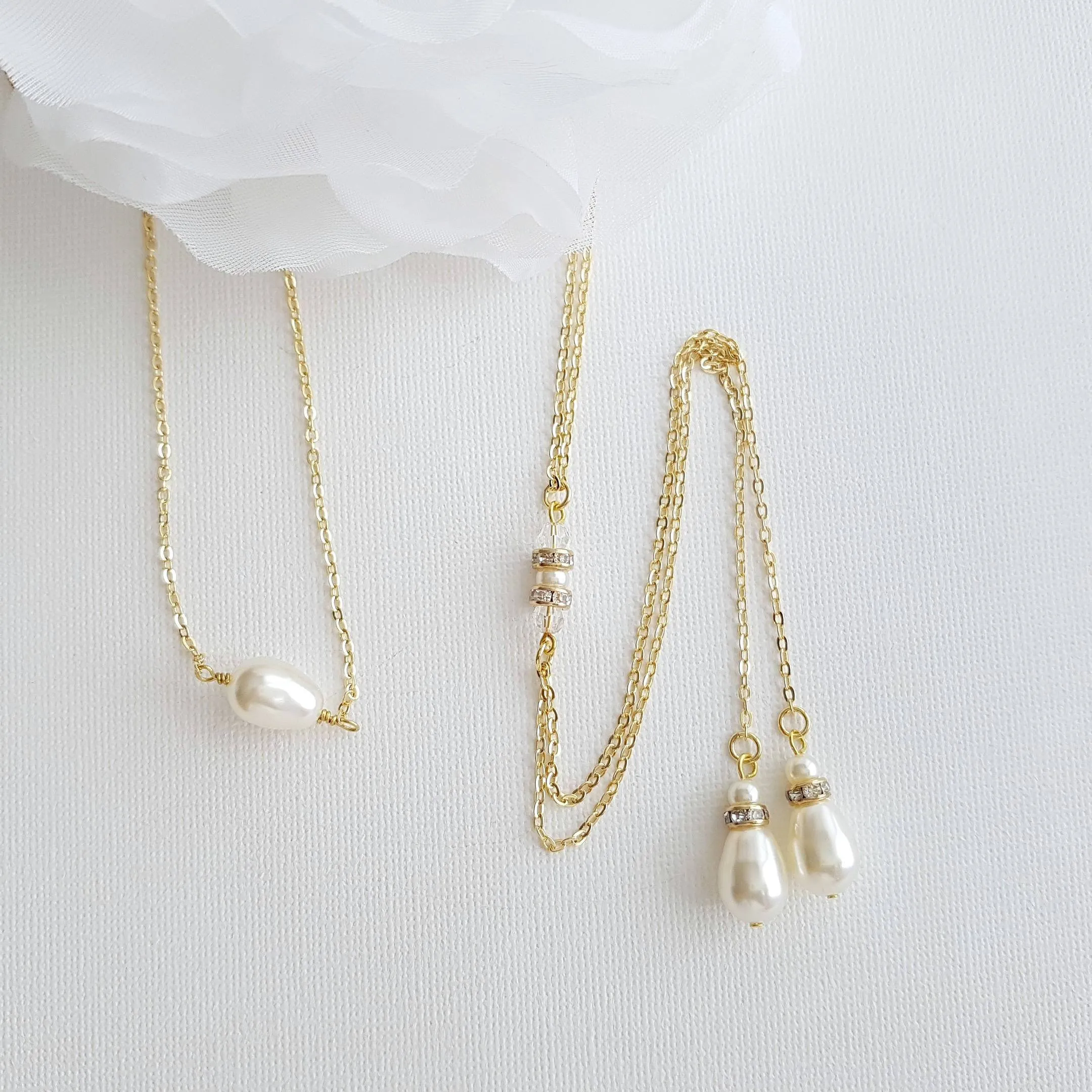 Gold Back Necklace With Chain & Pearl Drops-June