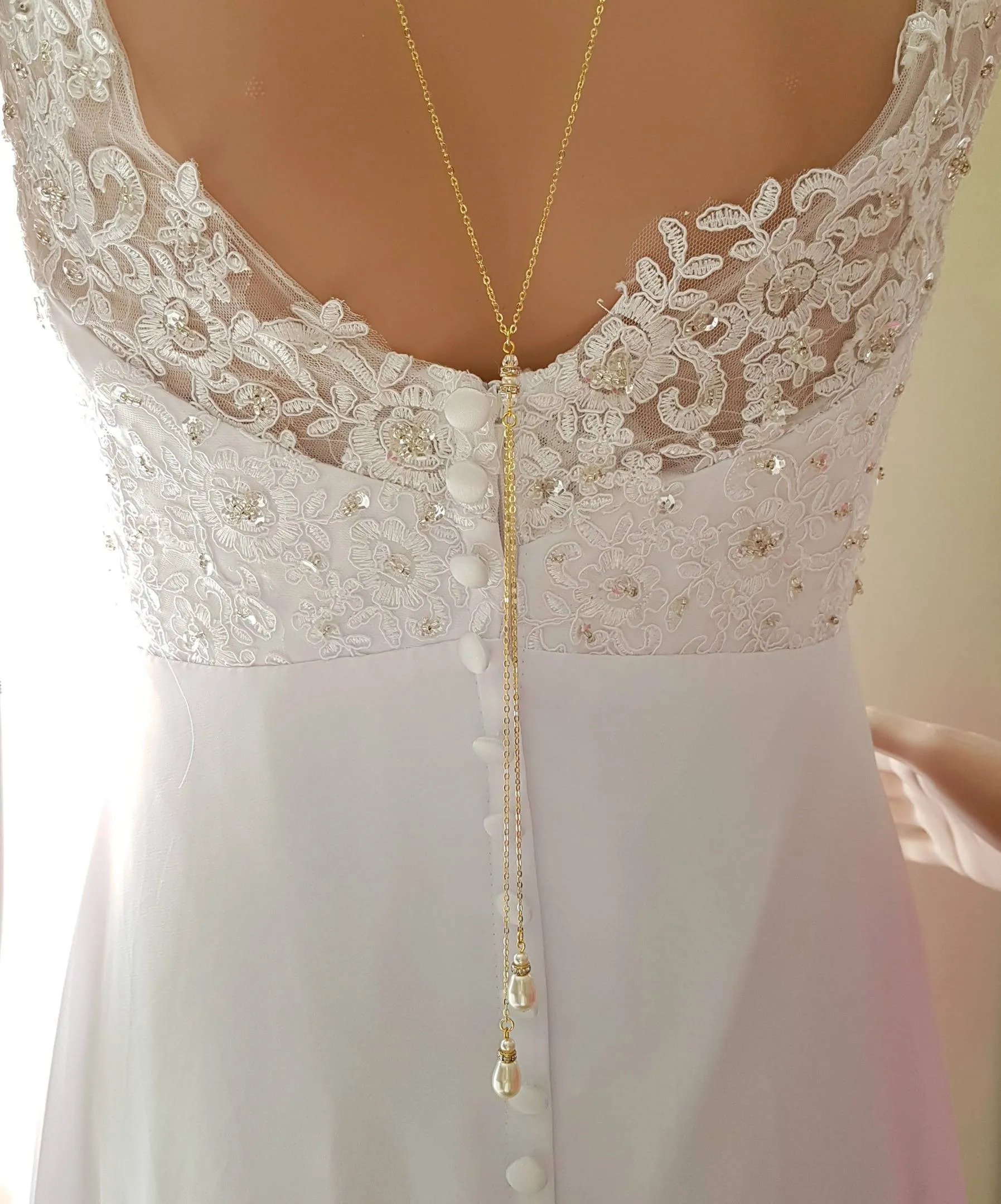 Gold Back Necklace With Chain & Pearl Drops-June