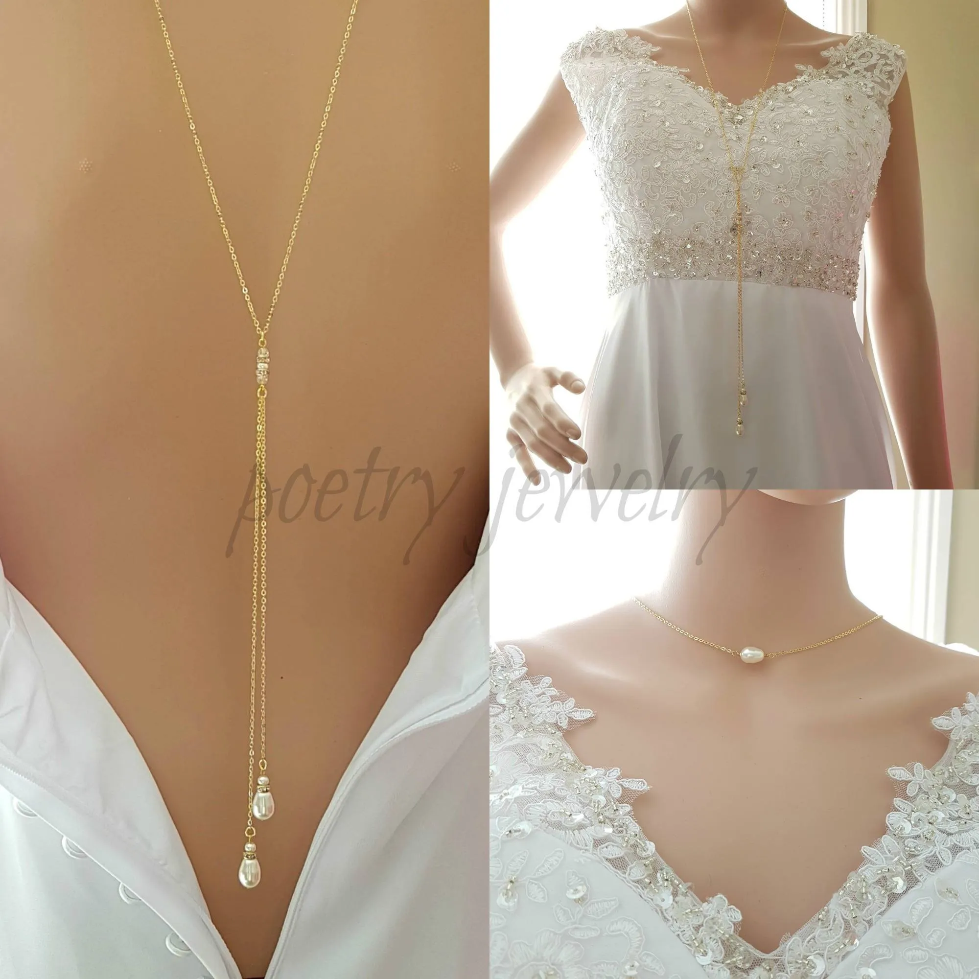 Gold Back Necklace With Chain & Pearl Drops-June