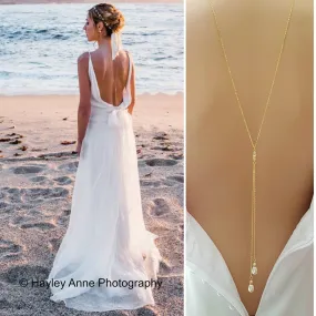 Gold Back Necklace With Chain & Pearl Drops-June