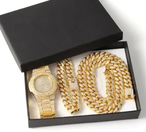 Gold Chain  Watch Bracelet Chain Full Iced Out Paved Rhinestones CZ Bling For Men