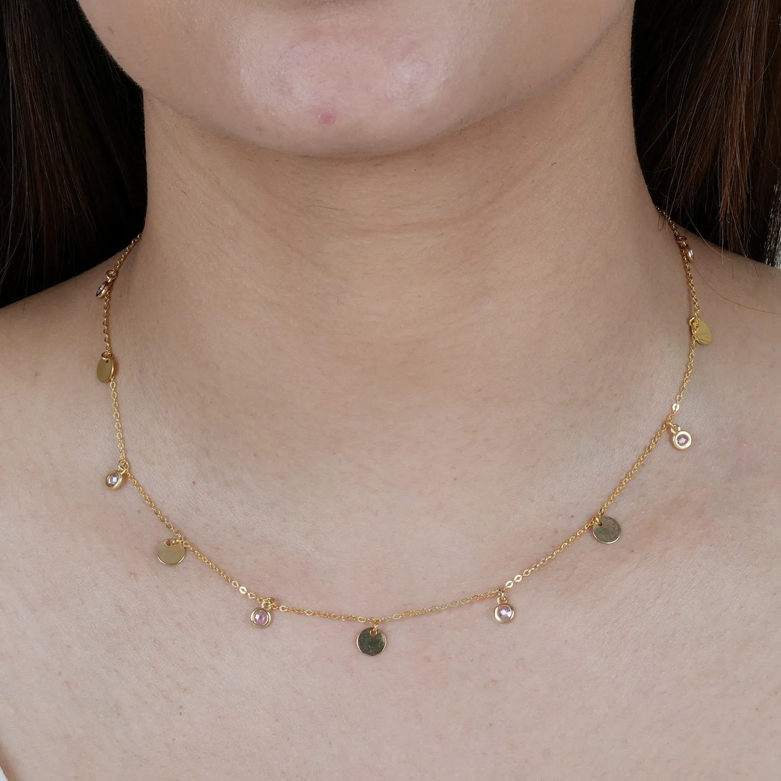 Gold Disc and Pink Tourmaline Drop Station Necklace  Bezel