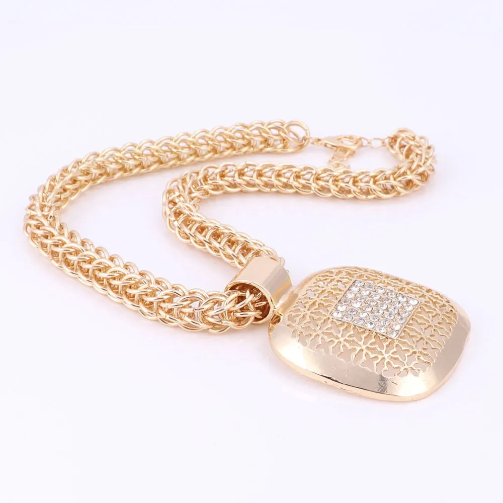 Gold-Plated Square Crystal Necklace, Bracelet, Earrings & Ring Wedding Statement Jewelry Set