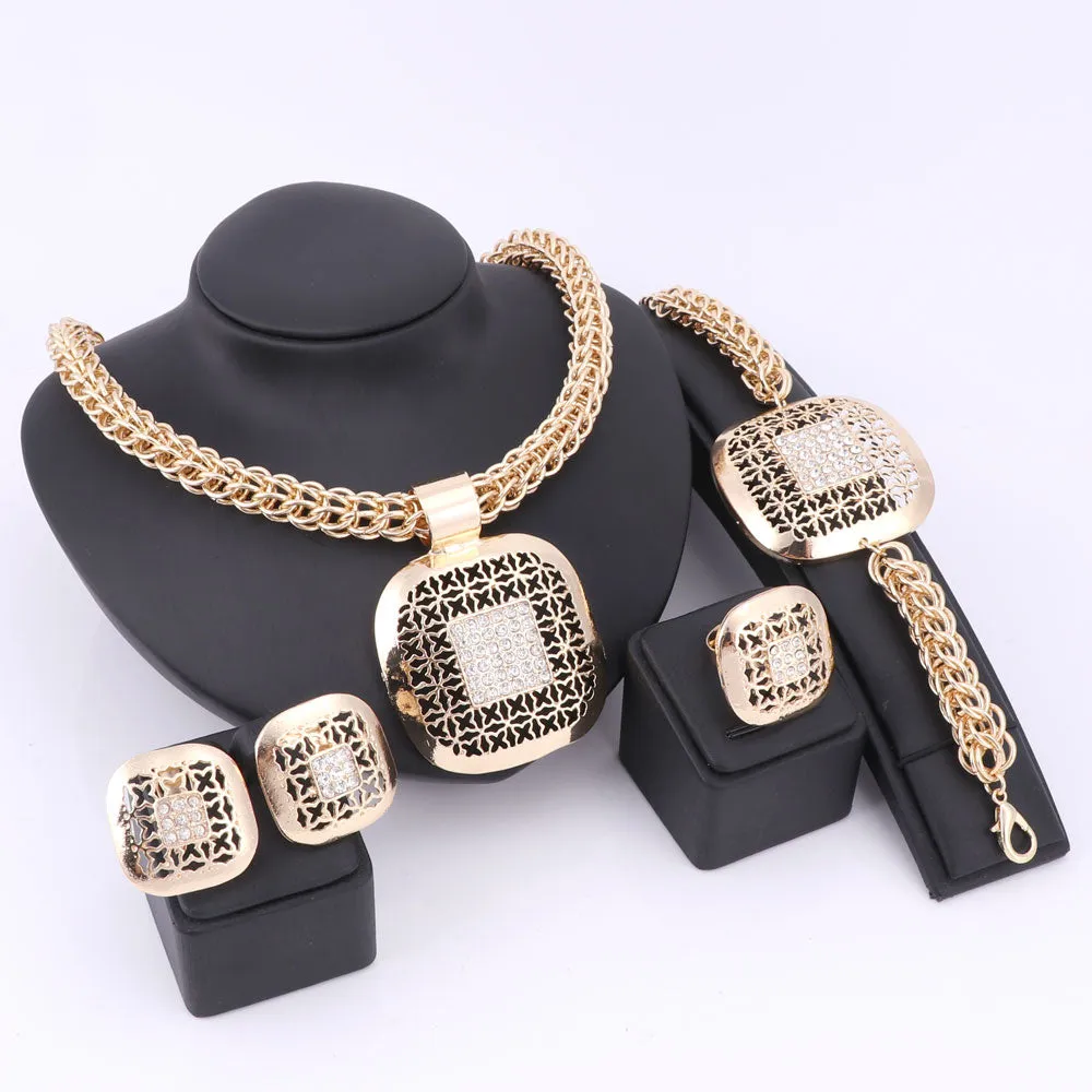 Gold-Plated Square Crystal Necklace, Bracelet, Earrings & Ring Wedding Statement Jewelry Set