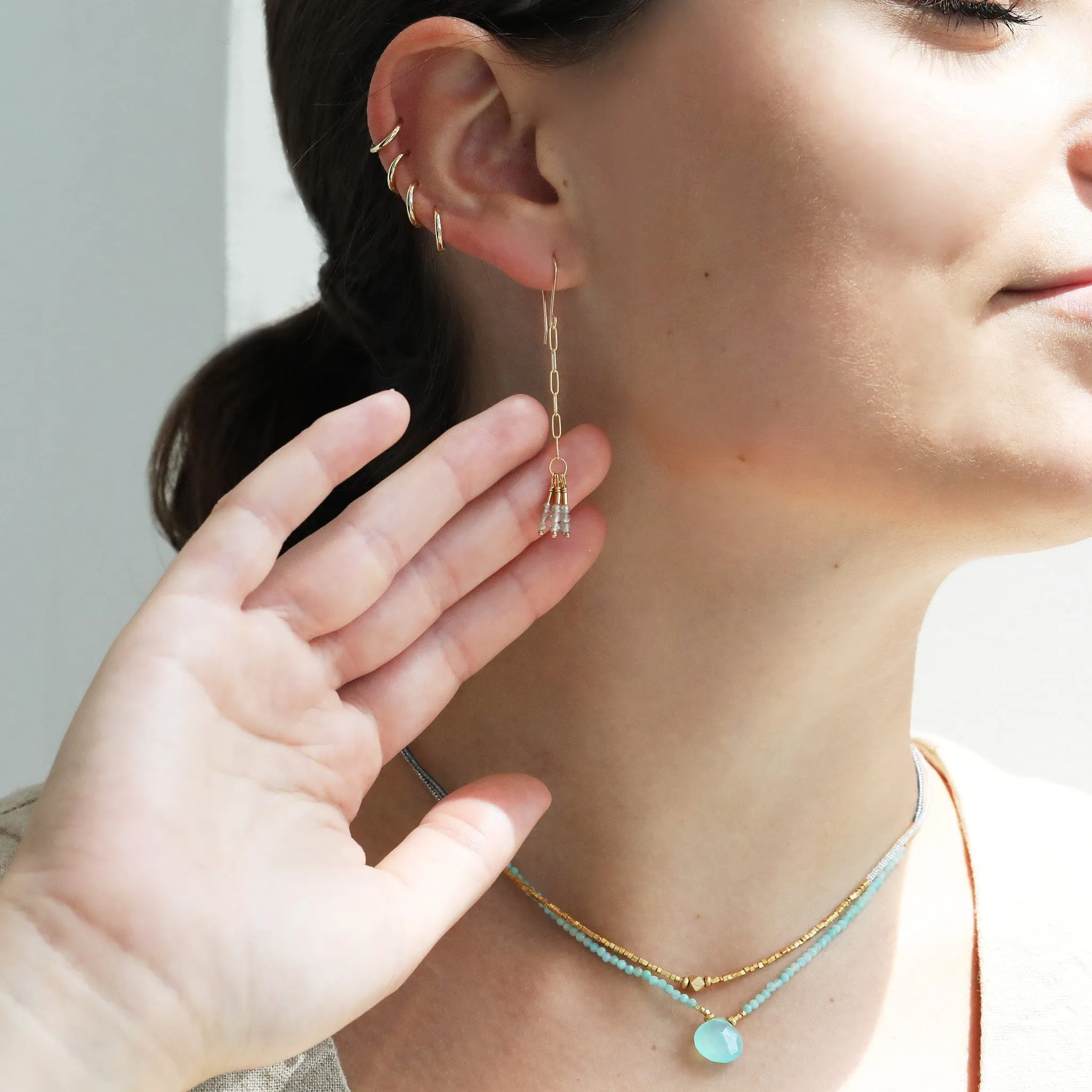 Grey Seed and Amazonite Beaded Necklace with Calcite Drop