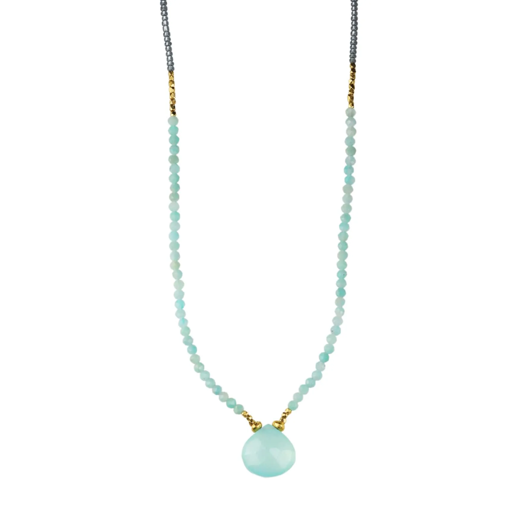 Grey Seed and Amazonite Beaded Necklace with Calcite Drop