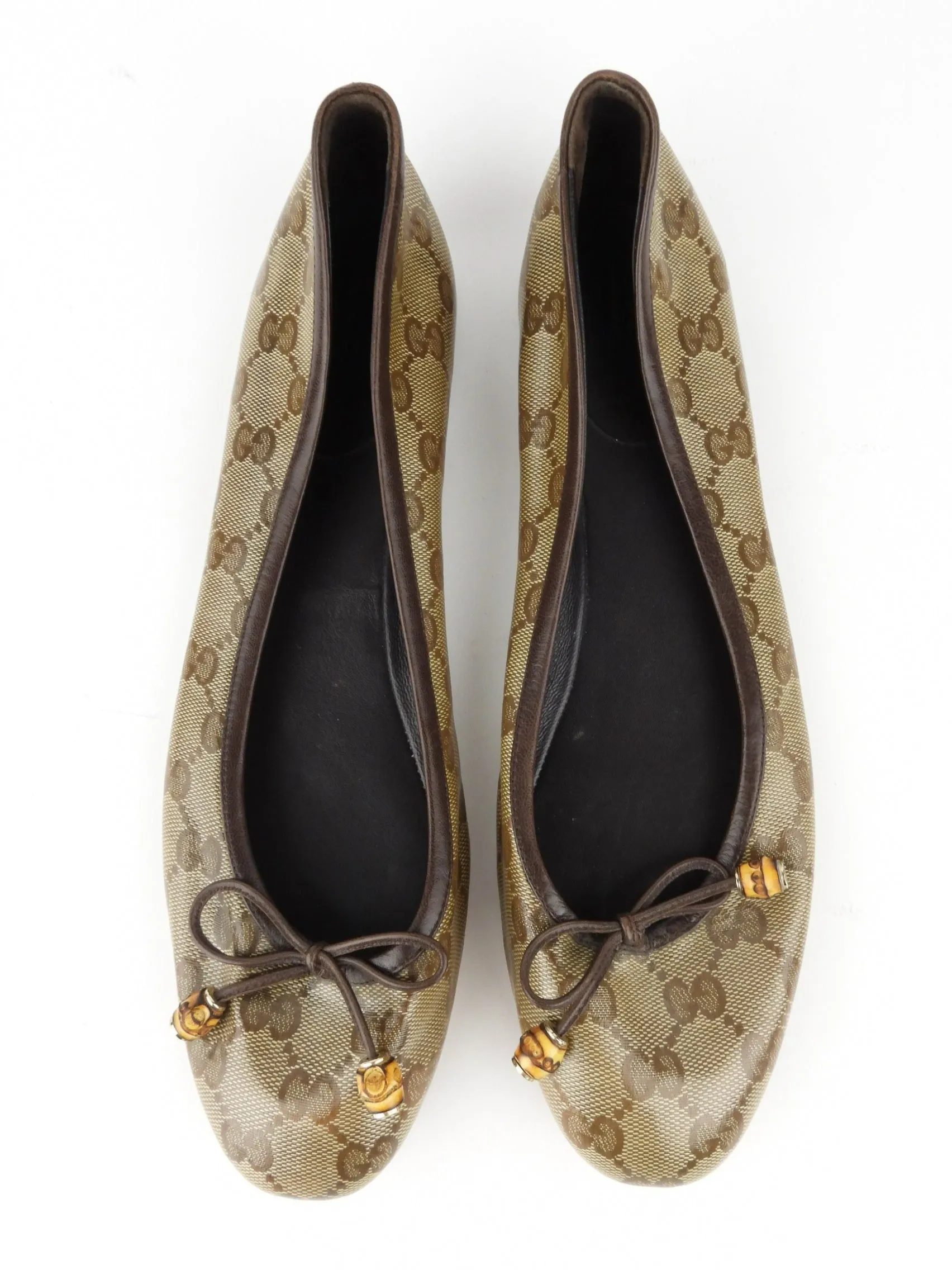 Gucci Crystal GG Monogram Coated Canvas Bamboo Bow Ballet Flats - 40