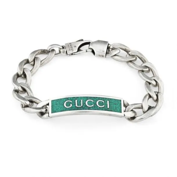 GUCCI STERLING SILVER 7-INCH GREEN ENAMEL GUCCI LOGO ID BRACELET