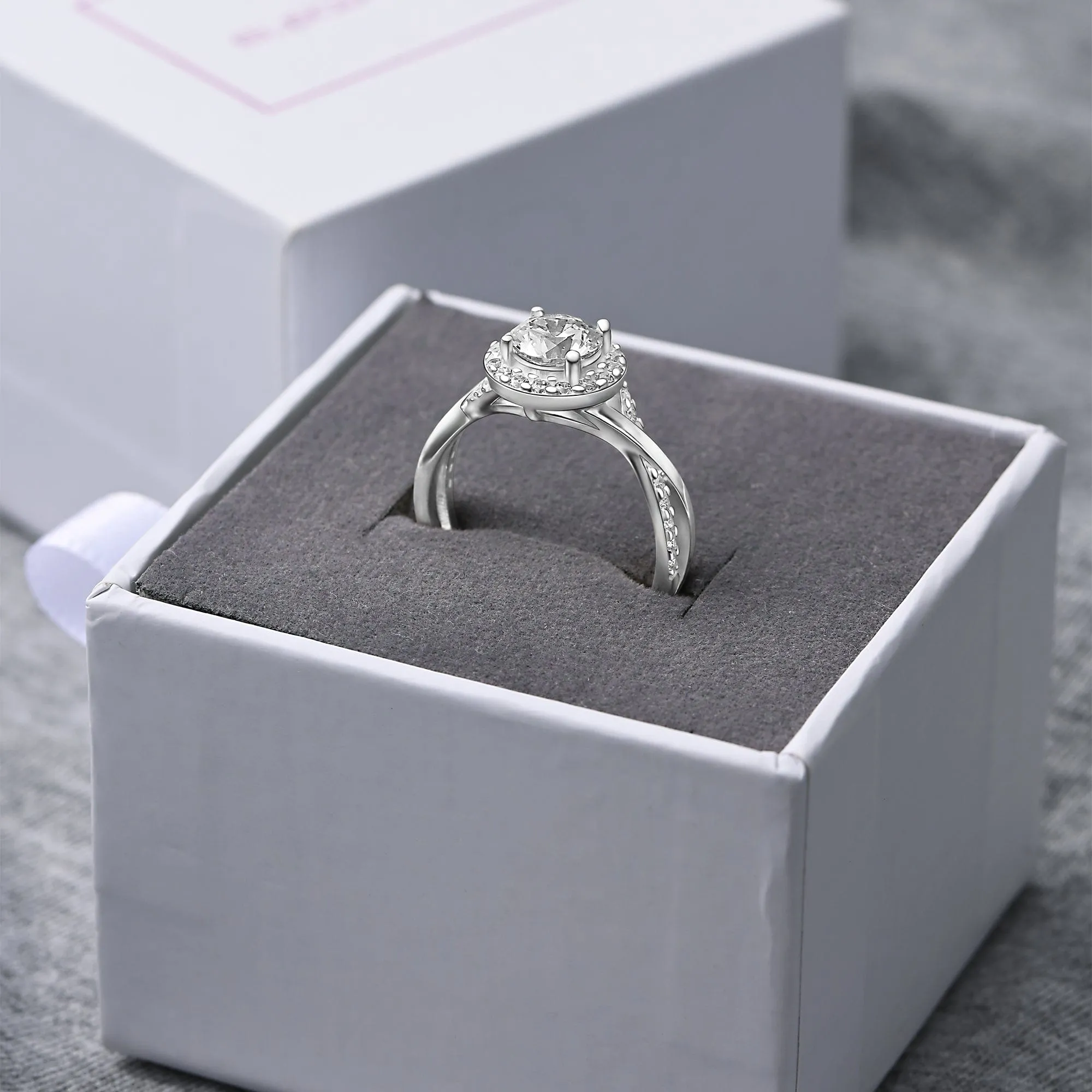 Infinity Twist CZ Halo Engagement Ring Silver