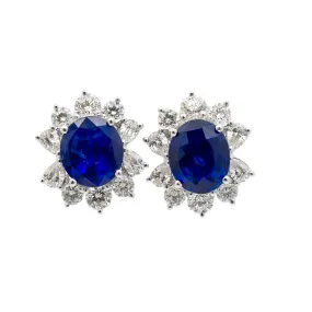 Ladies Platinum & 18K White Gold Natural GIA Sri Lanka Sapphires Halo Diamond Flower Shaped Drop Earrings