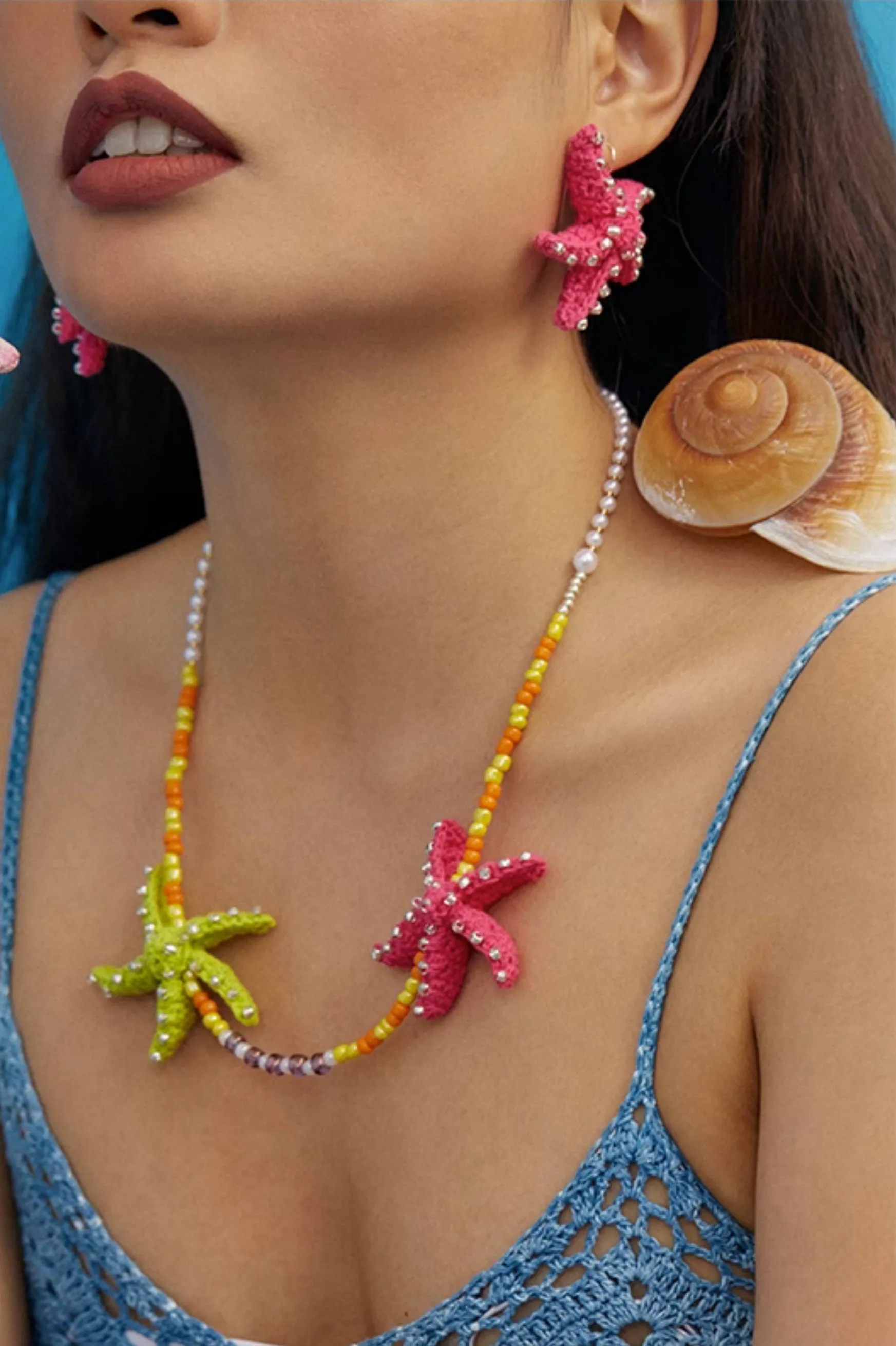 LB Colored Beaded Necklace Starfish Pendant Clavicle Chain LOJL39