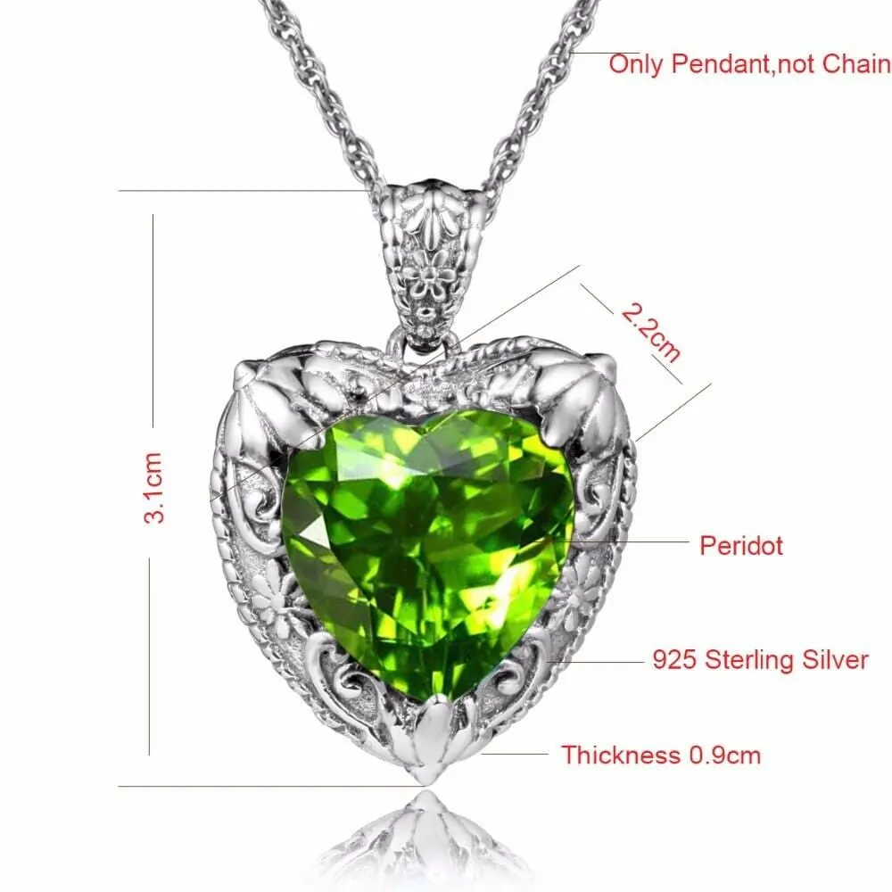 Lovely Heart Shaped Olivine Peridot Crystal Pendant Necklace - 925 Sterling Silver