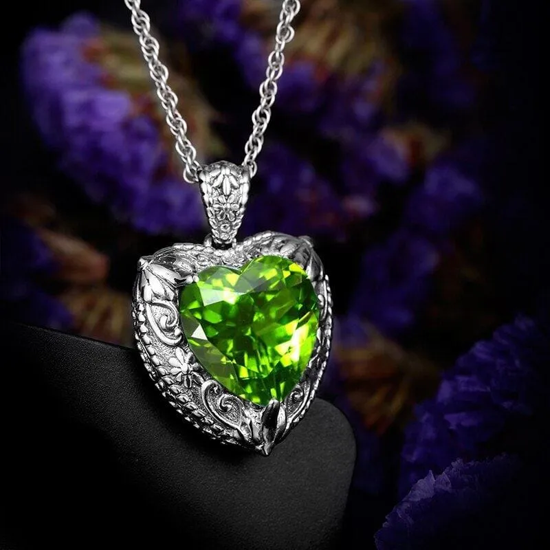 Lovely Heart Shaped Olivine Peridot Crystal Pendant Necklace - 925 Sterling Silver