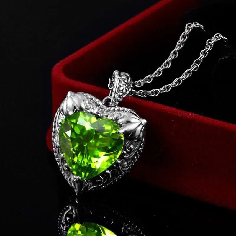 Lovely Heart Shaped Olivine Peridot Crystal Pendant Necklace - 925 Sterling Silver