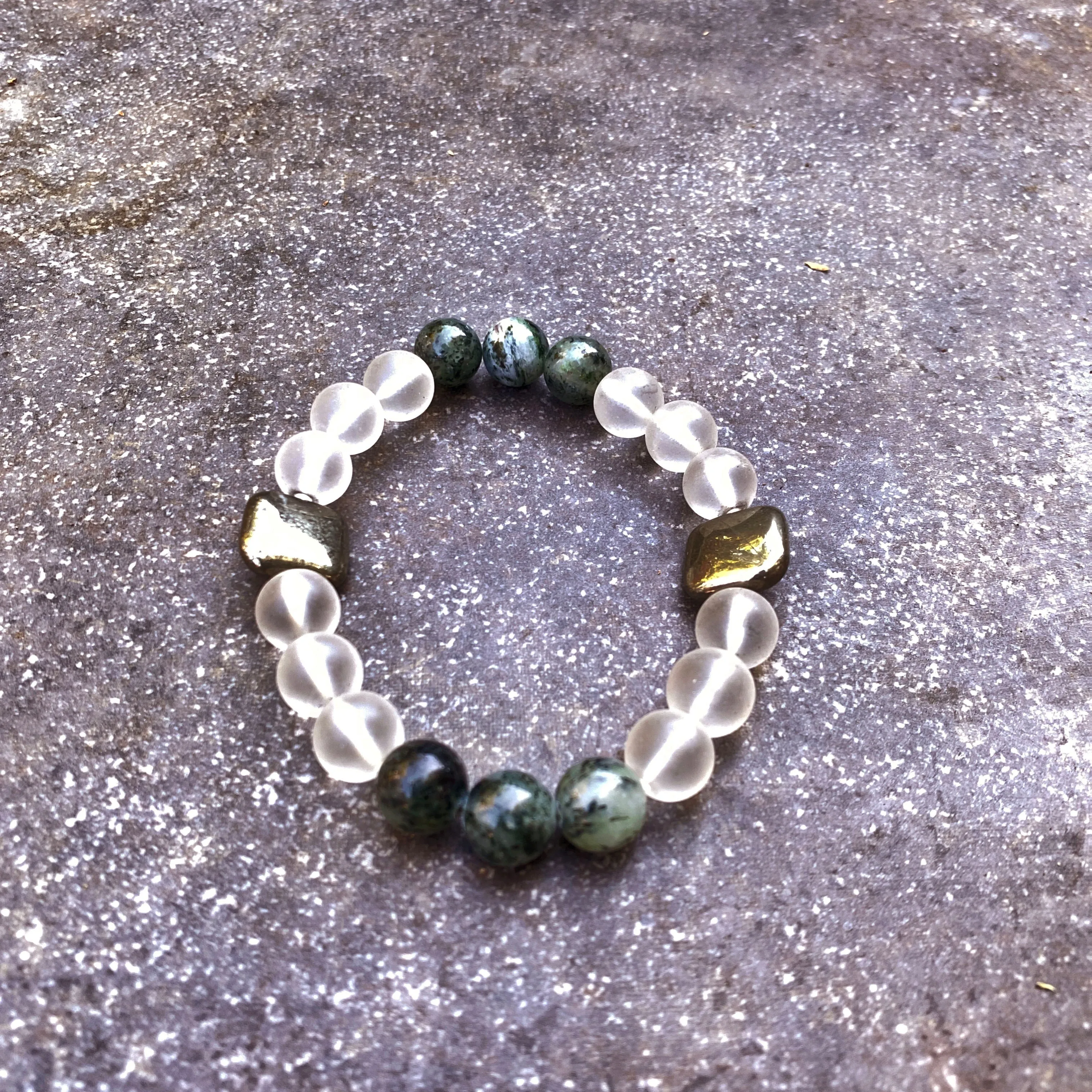 Matte Quartz, Pyrite, and Moss Agate Gemstone stretch bracelet