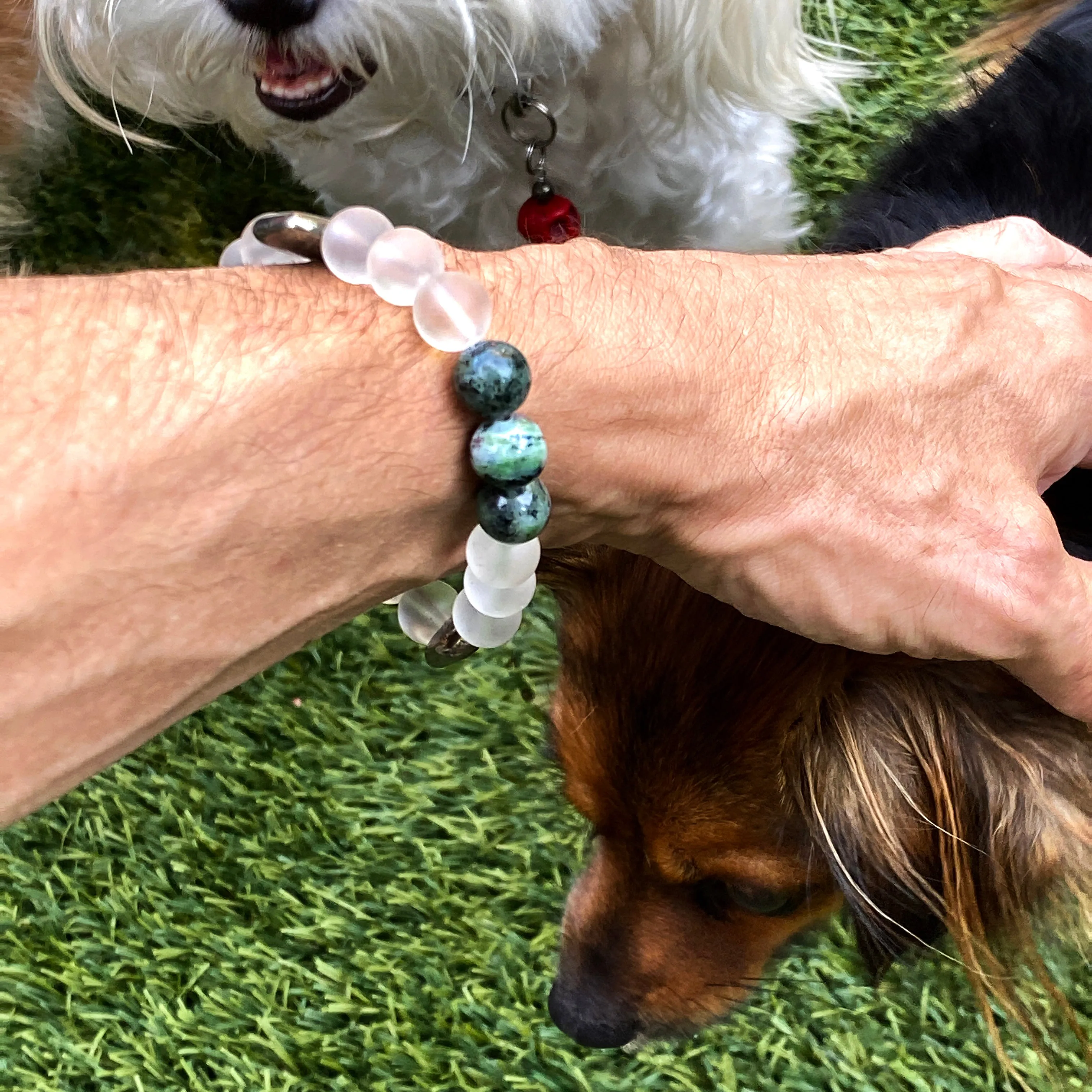 Matte Quartz, Pyrite, and Moss Agate Gemstone stretch bracelet