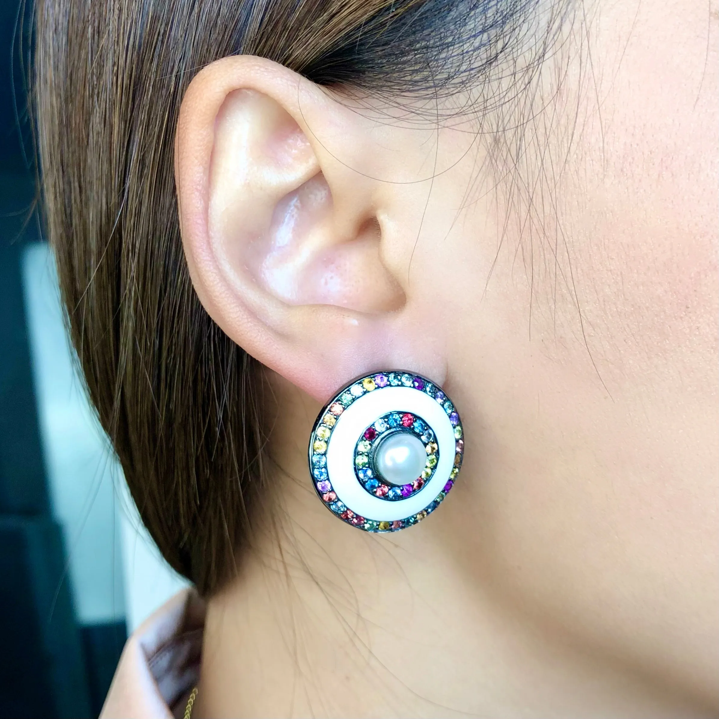 MCL Design Sterling Silver Button Earrings With White Enamel, Mixed Sapphires & White Pearls