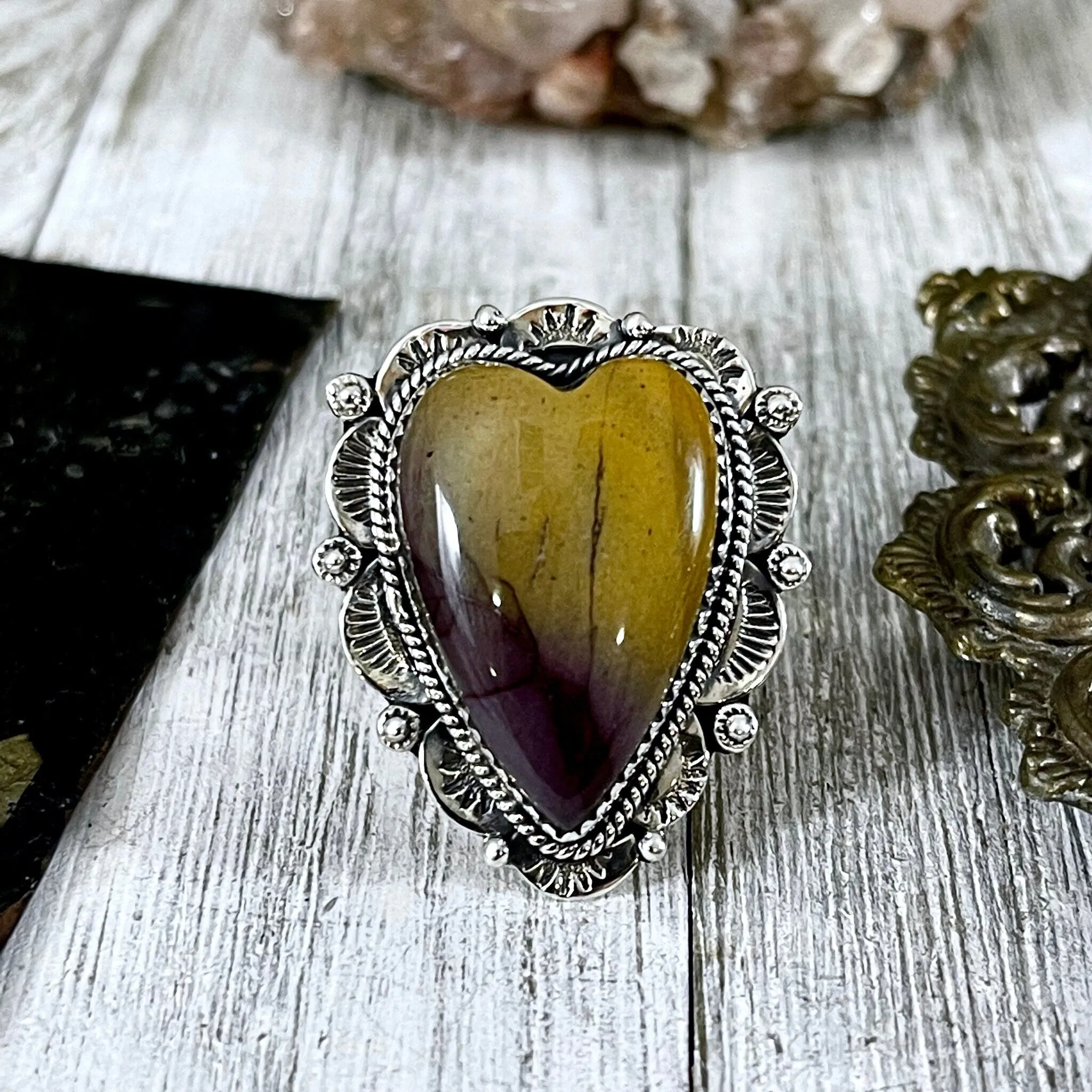 Mookaite Heart Crystal Statement Ring in Sterling Silver- Designed by FOXLARK Collection Size Adjustable to Size 6 7 8 9 / Gothic Jewelry