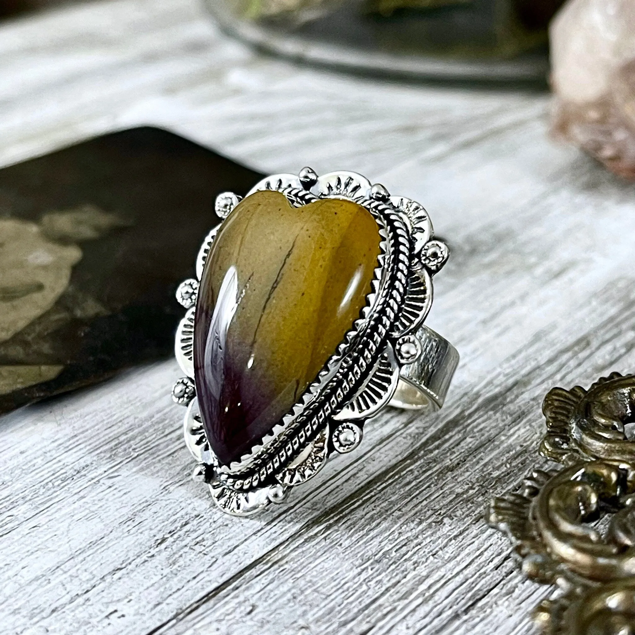 Mookaite Heart Crystal Statement Ring in Sterling Silver- Designed by FOXLARK Collection Size Adjustable to Size 6 7 8 9 / Gothic Jewelry