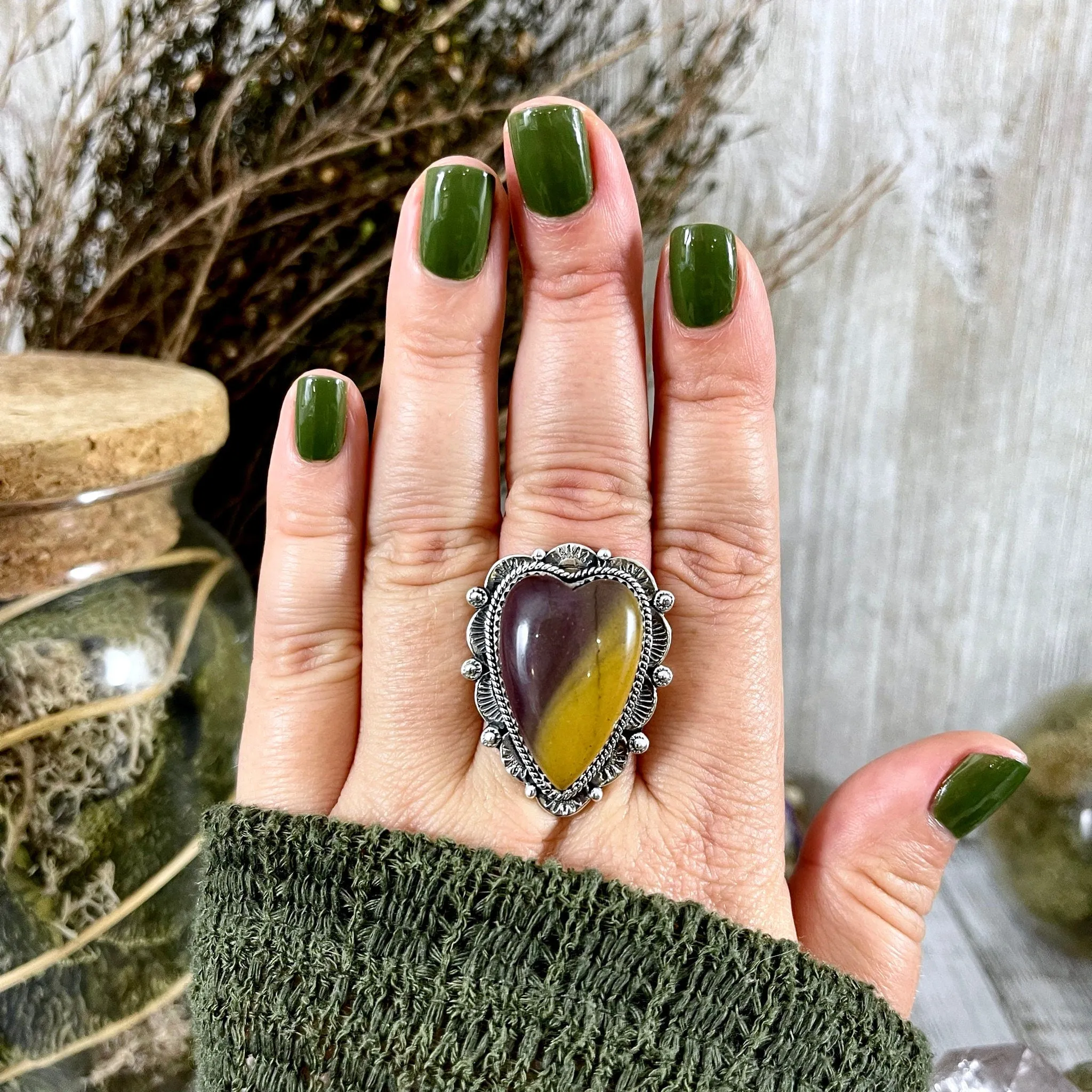 Mookaite Heart Crystal Statement Ring in Sterling Silver- Designed by FOXLARK Collection Size Adjustable to Size 6 7 8 9 / Gothic Jewelry