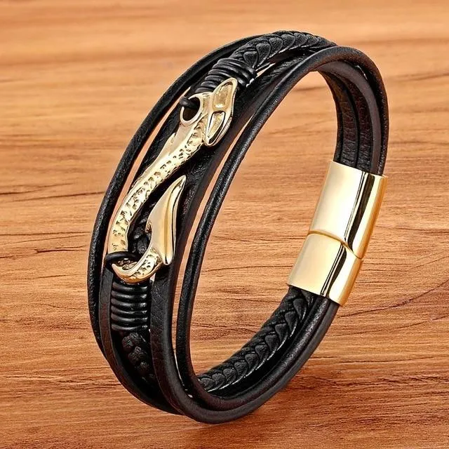 Multi-Strand Braided Leather Stainless Steel Anchor Hook Bracelet