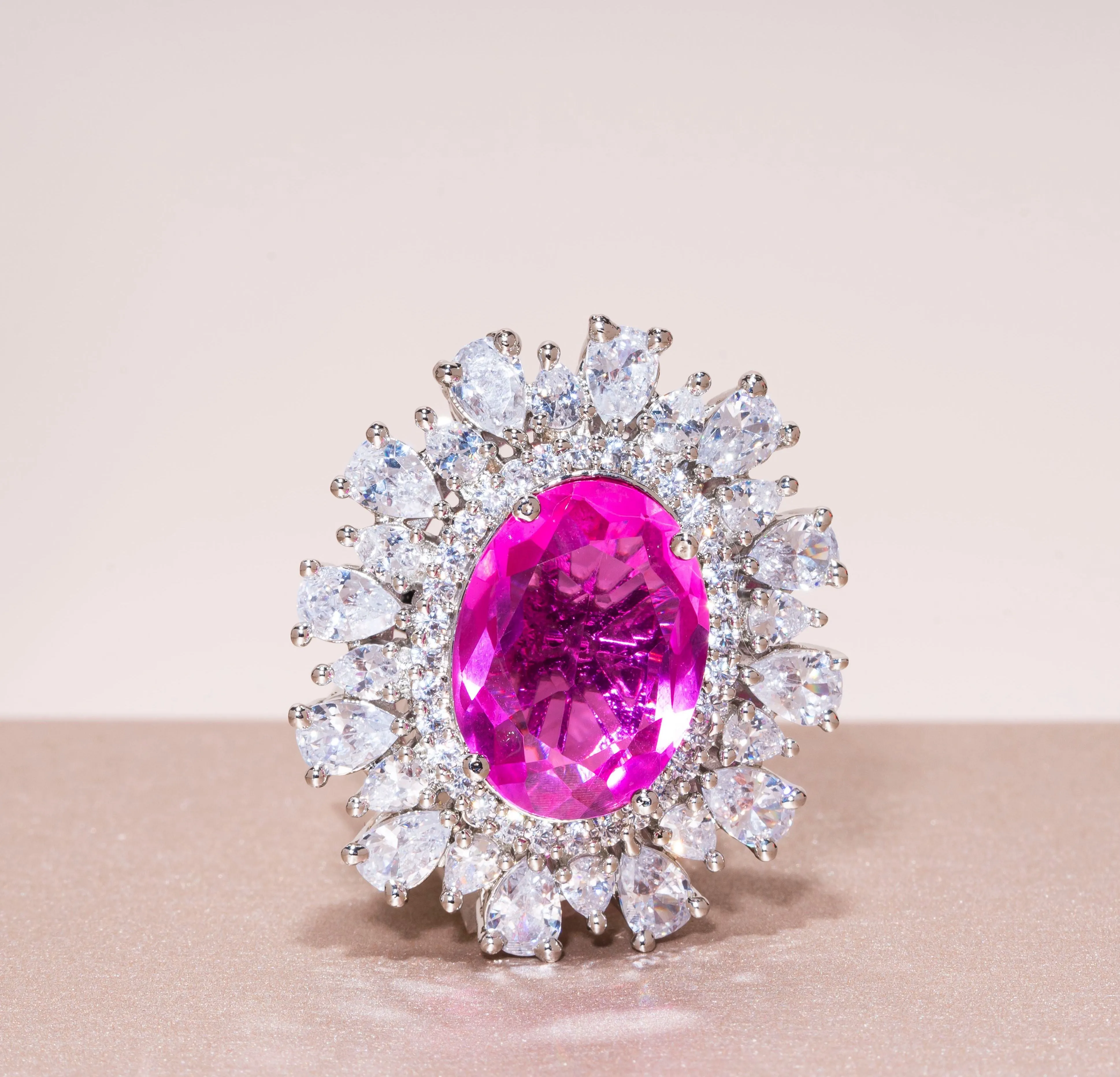 Nouf Magenta Pink White Gold Indian Jewelry Cocktail Ring by Jaipur Rose