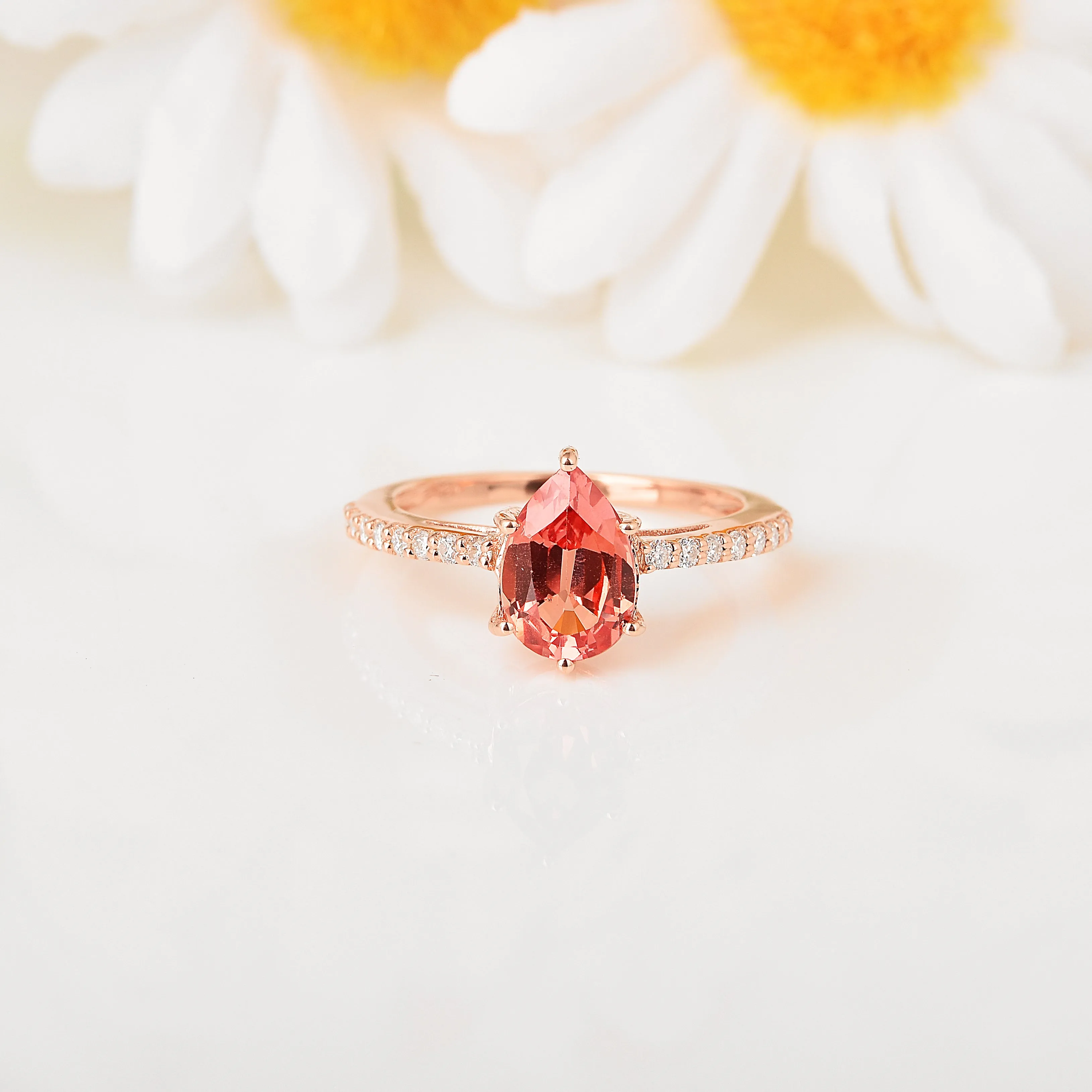 Peach Sapphire Teardrop Ring