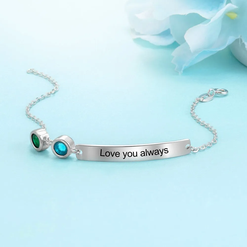 Personalized Bar Bracelets & Bangles with 2 Birthstones Custom Engraved NamePlate Bracelets for Women