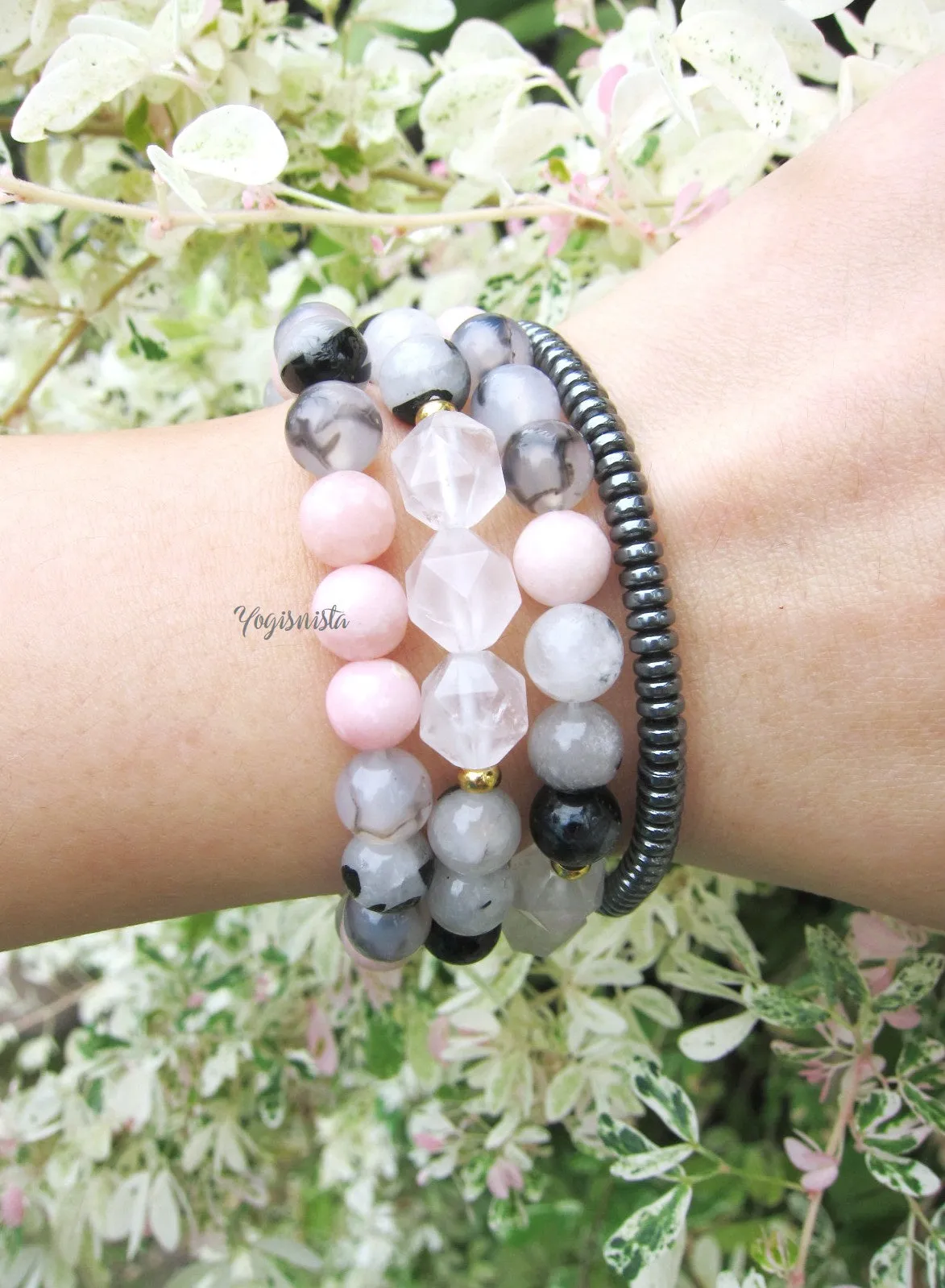 Pink Opal, Rose Quartz and Agate Single Mala Bracelet