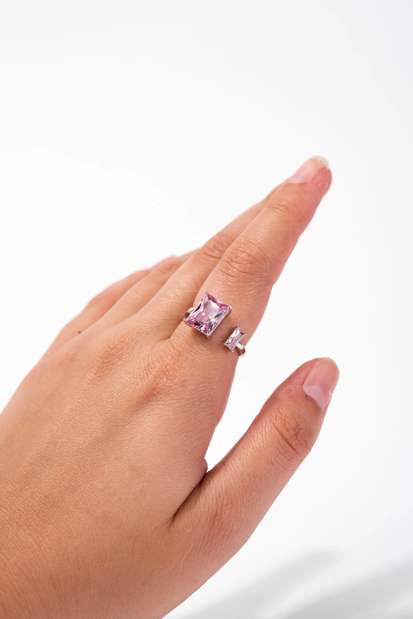 Poppy Square Rhinestone Adjustable Ring - Silver Pink