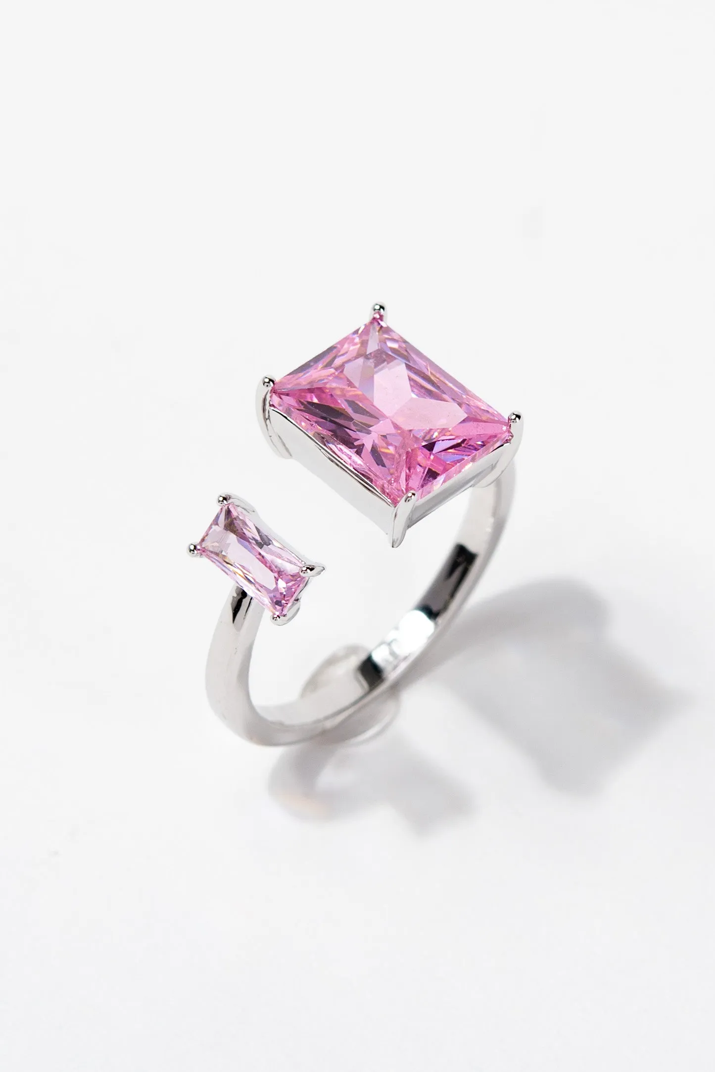 Poppy Square Rhinestone Adjustable Ring - Silver Pink