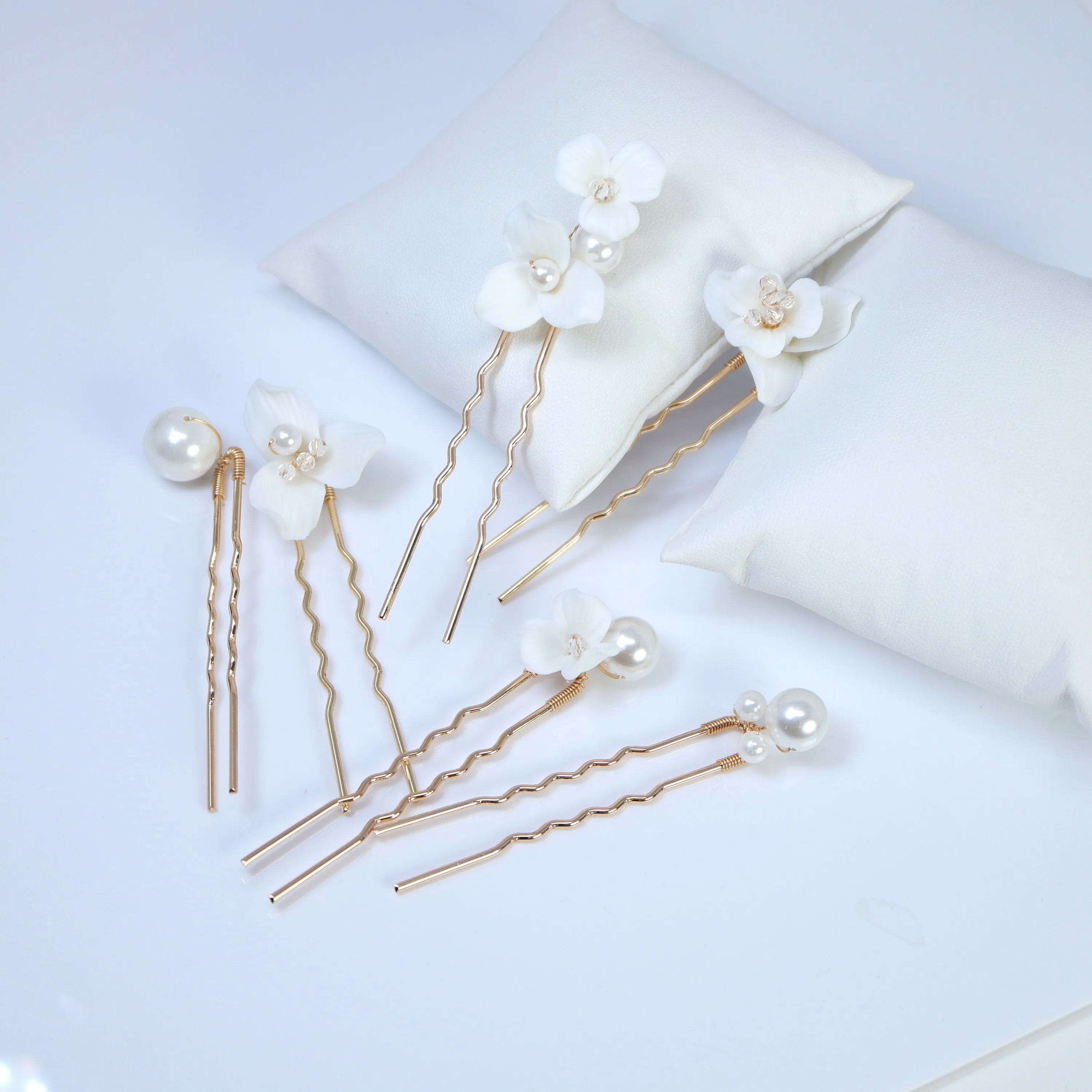 Porcelain White Floral Set Of 6 Pearl Elegance Ensemble Hair Pins Set of 3 , Ceramic Hair pins Set, Bridal Hair Accessories