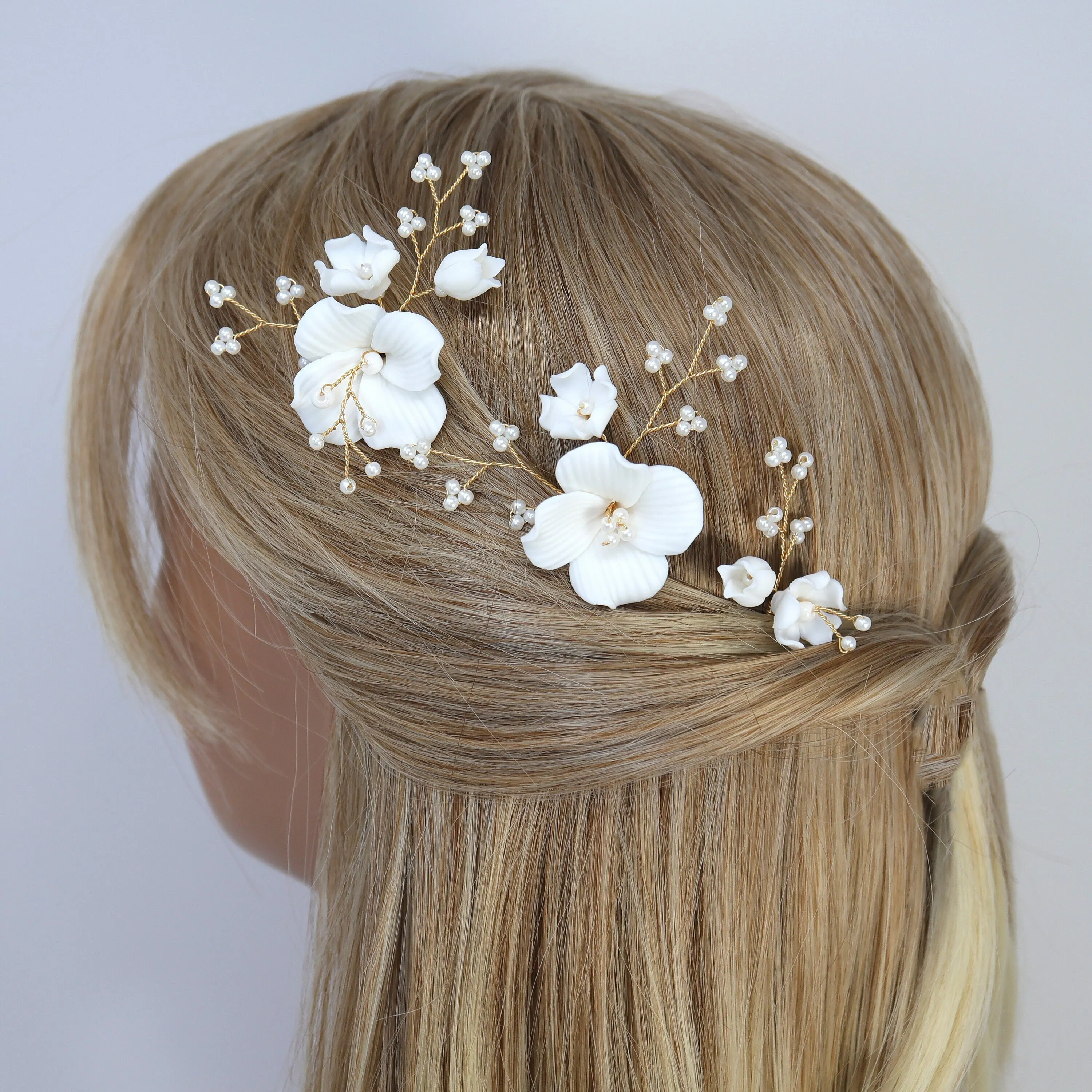 Porcelain White Floral Vine Garden Pearl Elegance Ensemble Hair Pins Set of 3 , Ceramic Hair pins Set, Bridal Hair Accessories