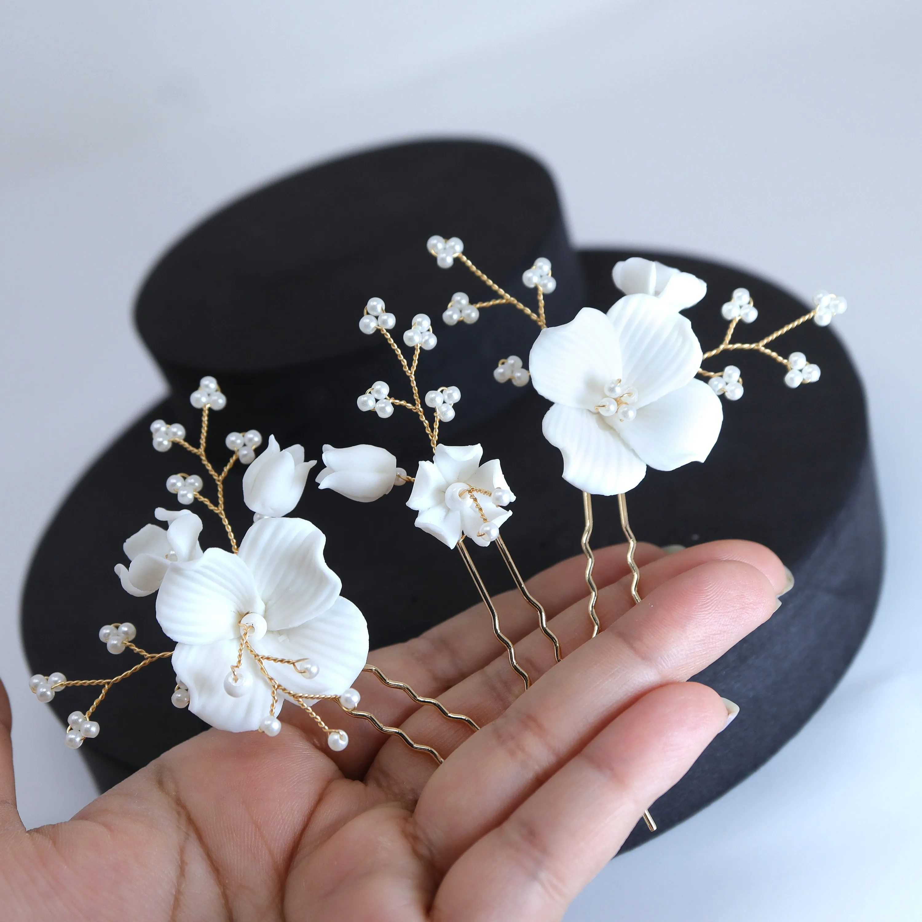 Porcelain White Floral Vine Garden Pearl Elegance Ensemble Hair Pins Set of 3 , Ceramic Hair pins Set, Bridal Hair Accessories