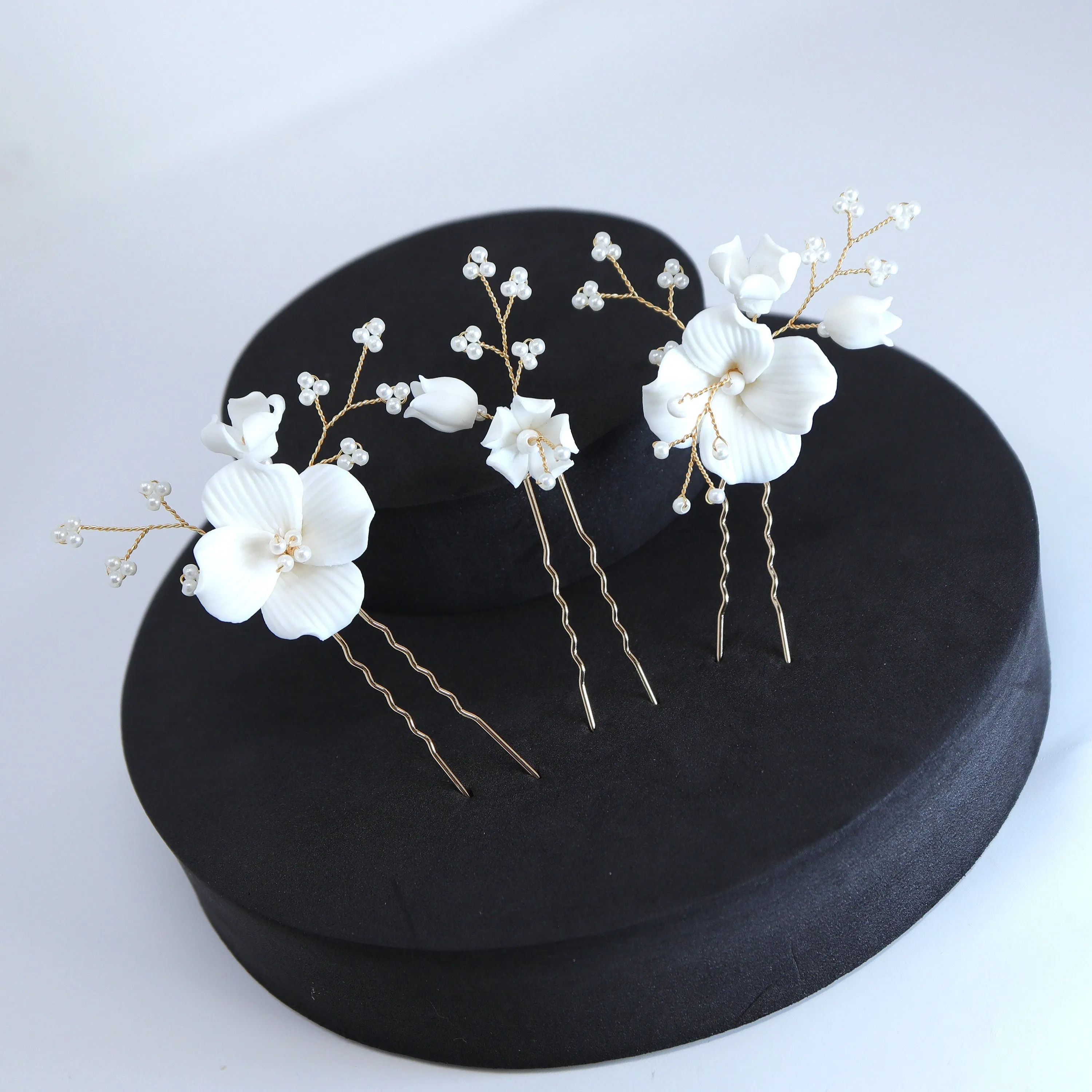 Porcelain White Floral Vine Garden Pearl Elegance Ensemble Hair Pins Set of 3 , Ceramic Hair pins Set, Bridal Hair Accessories