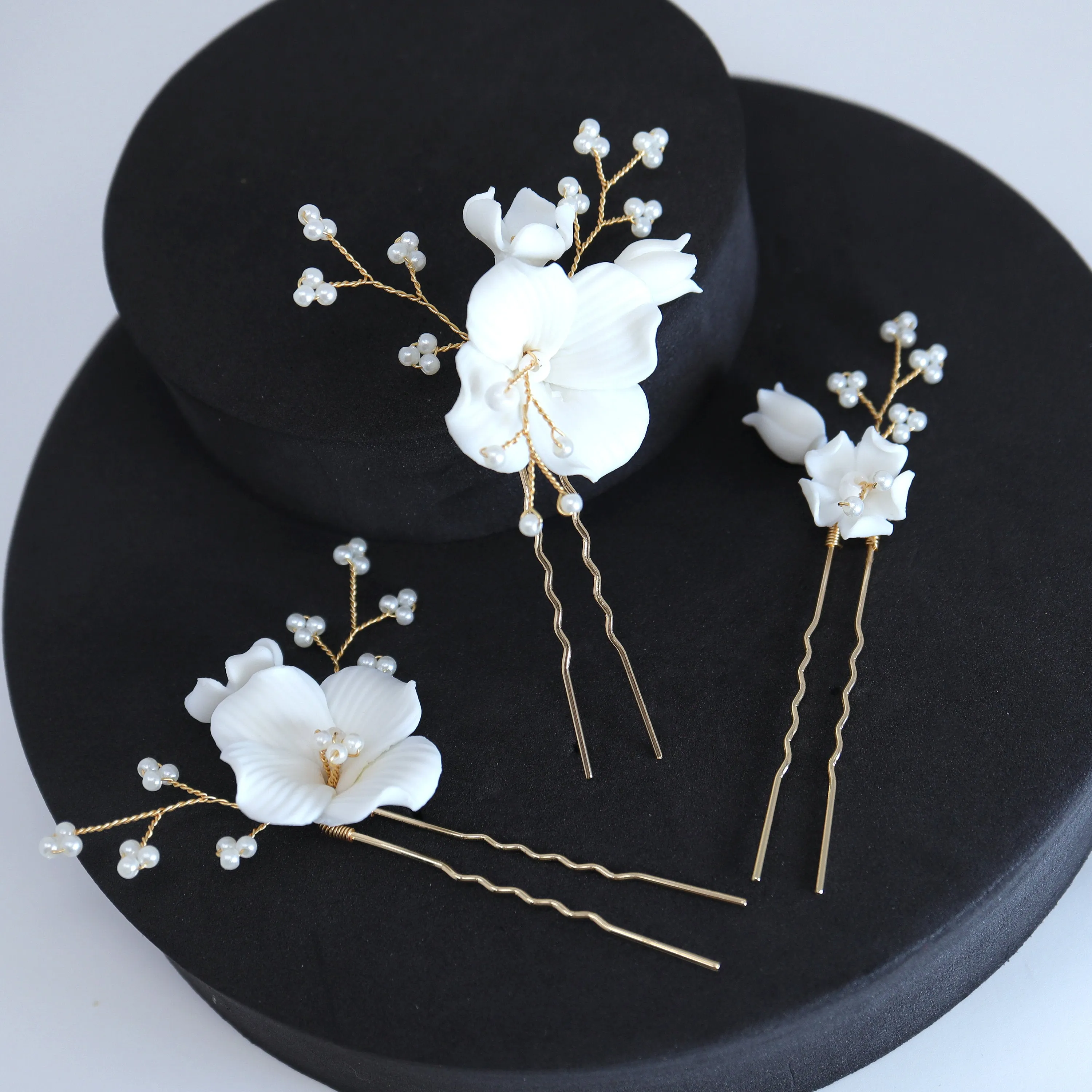 Porcelain White Floral Vine Garden Pearl Elegance Ensemble Hair Pins Set of 3 , Ceramic Hair pins Set, Bridal Hair Accessories