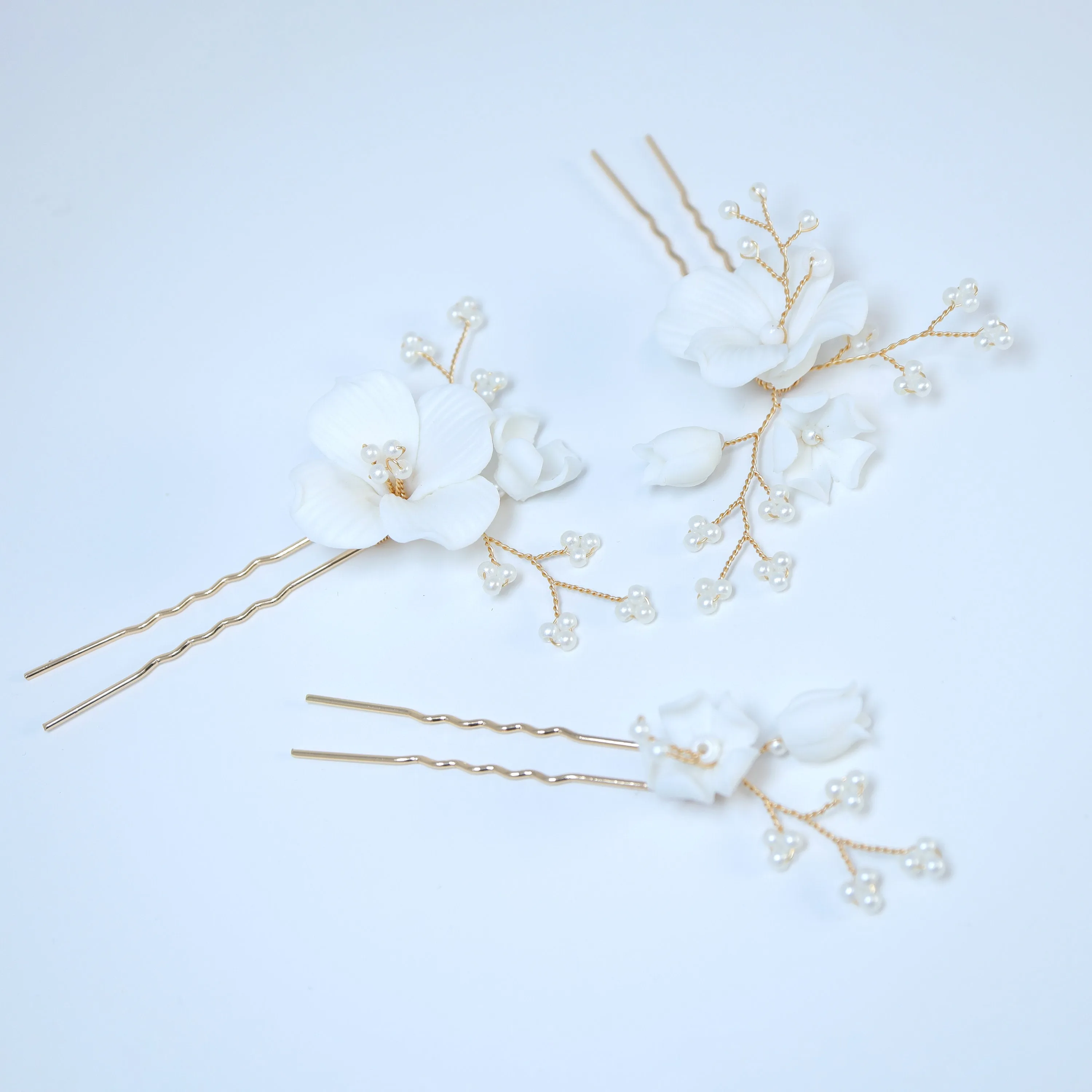 Porcelain White Floral Vine Garden Pearl Elegance Ensemble Hair Pins Set of 3 , Ceramic Hair pins Set, Bridal Hair Accessories