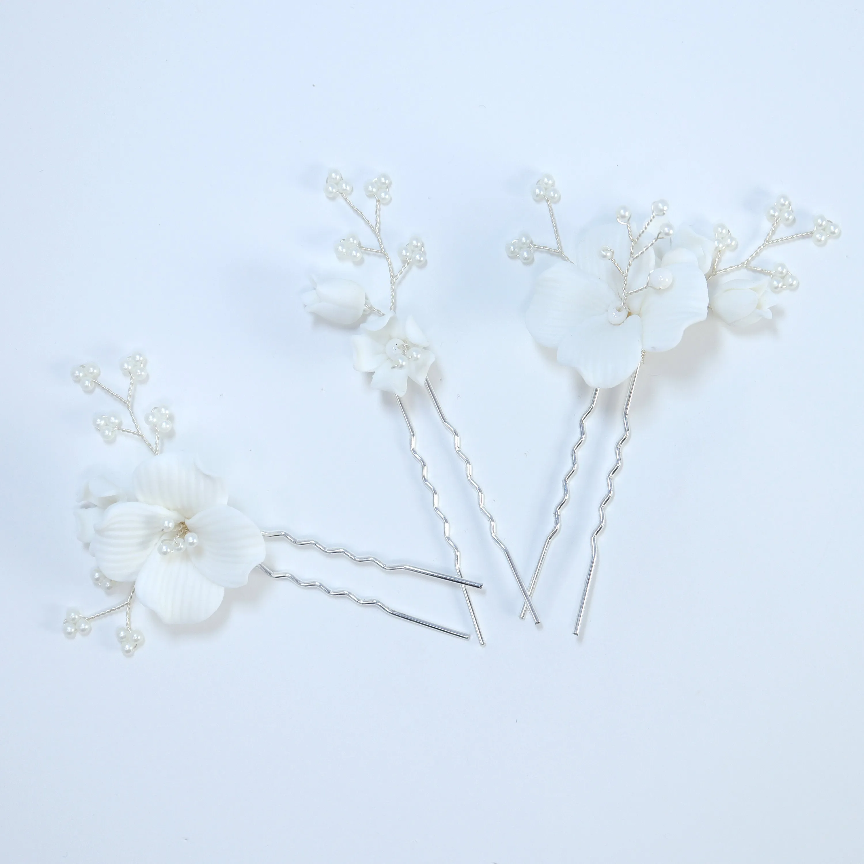 Porcelain White Floral Vine Garden Pearl Elegance Ensemble Hair Pins Set of 3 , Ceramic Hair pins Set, Bridal Hair Accessories