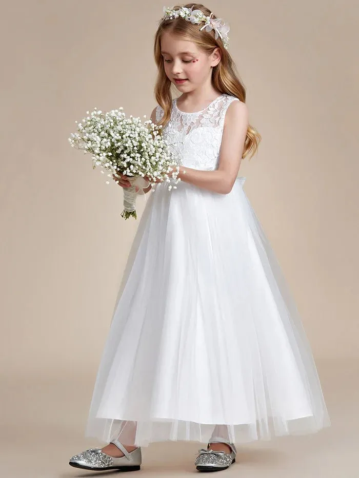 Princess Bow Sleeveless Lace Tulle Flower Girl Dresses