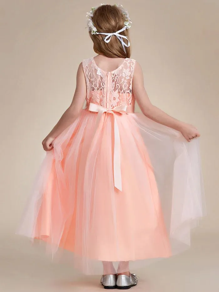 Princess Bow Sleeveless Lace Tulle Flower Girl Dresses