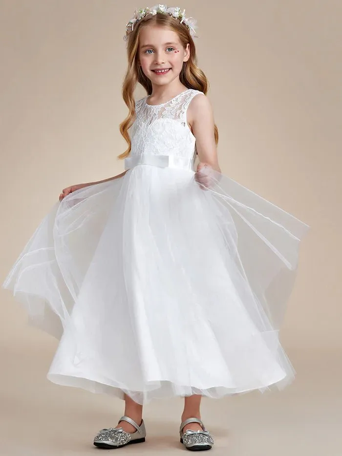 Princess Bow Sleeveless Lace Tulle Flower Girl Dresses