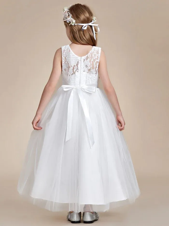 Princess Bow Sleeveless Lace Tulle Flower Girl Dresses