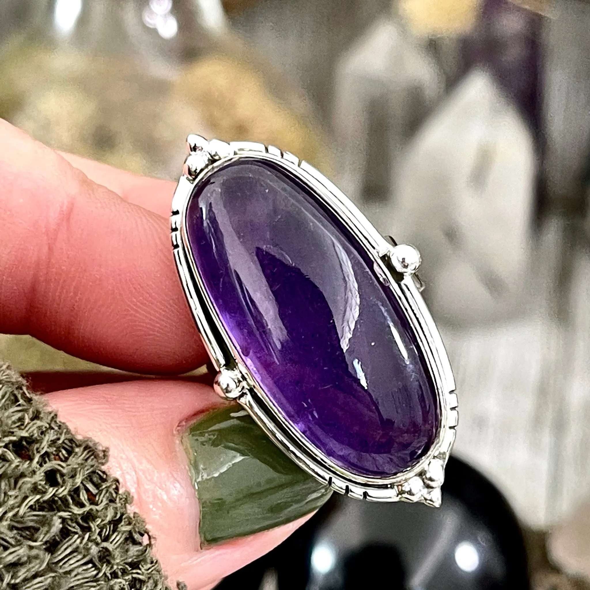 Purple Amethyst Oval Crystal Statement Ring in Sterling Silver - Designed by FOXLARK Collection Adjustable to Size 6 7 8 9