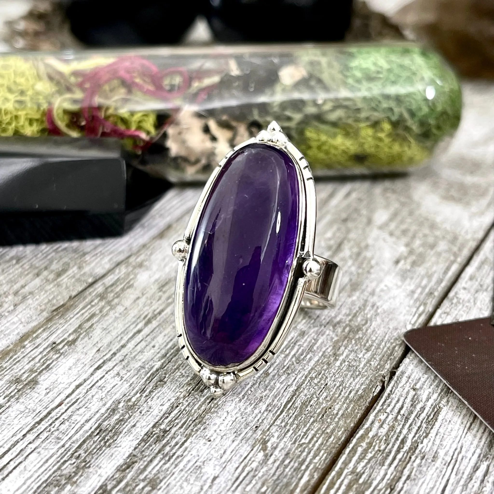 Purple Amethyst Oval Crystal Statement Ring in Sterling Silver - Designed by FOXLARK Collection Adjustable to Size 6 7 8 9