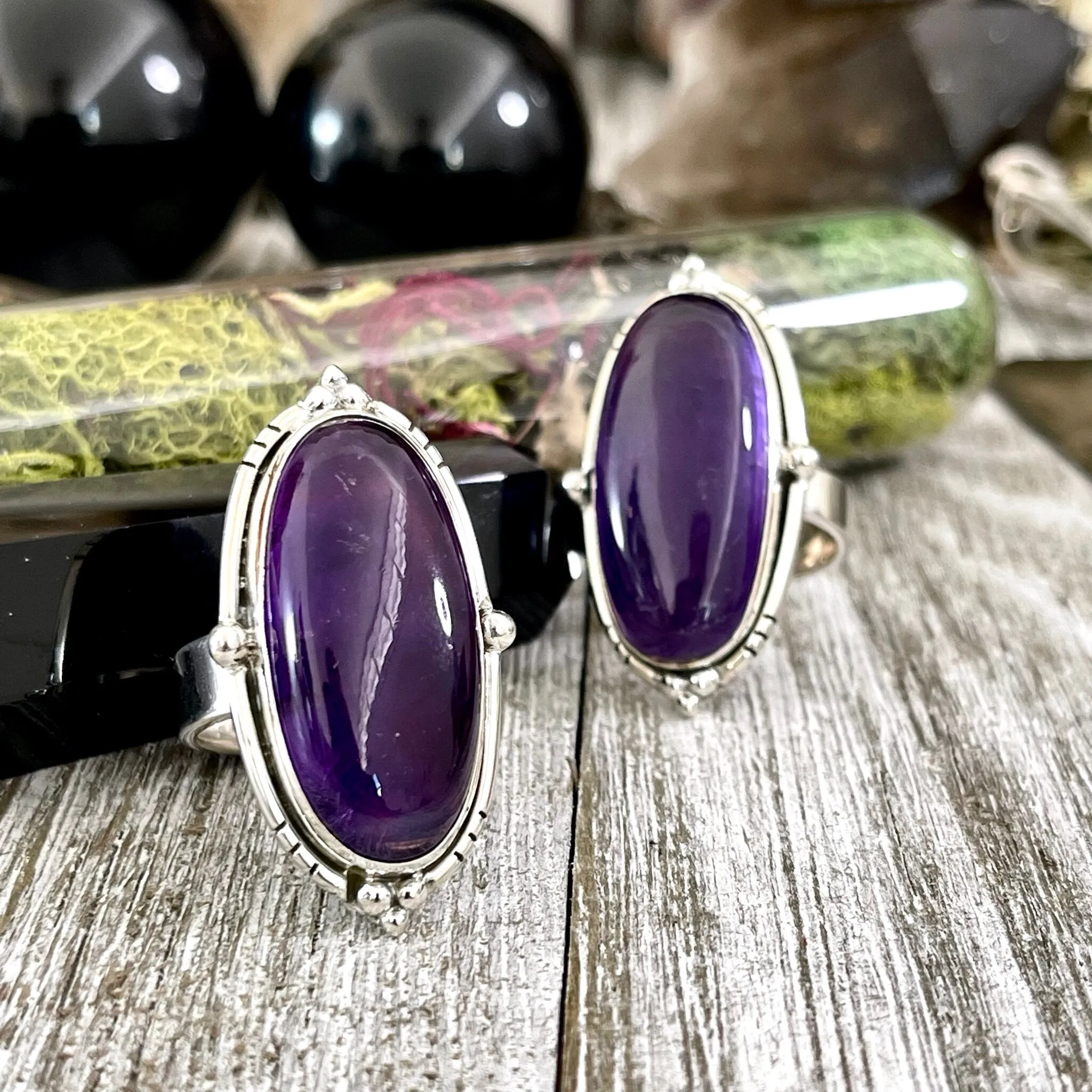 Purple Amethyst Oval Crystal Statement Ring in Sterling Silver - Designed by FOXLARK Collection Adjustable to Size 6 7 8 9